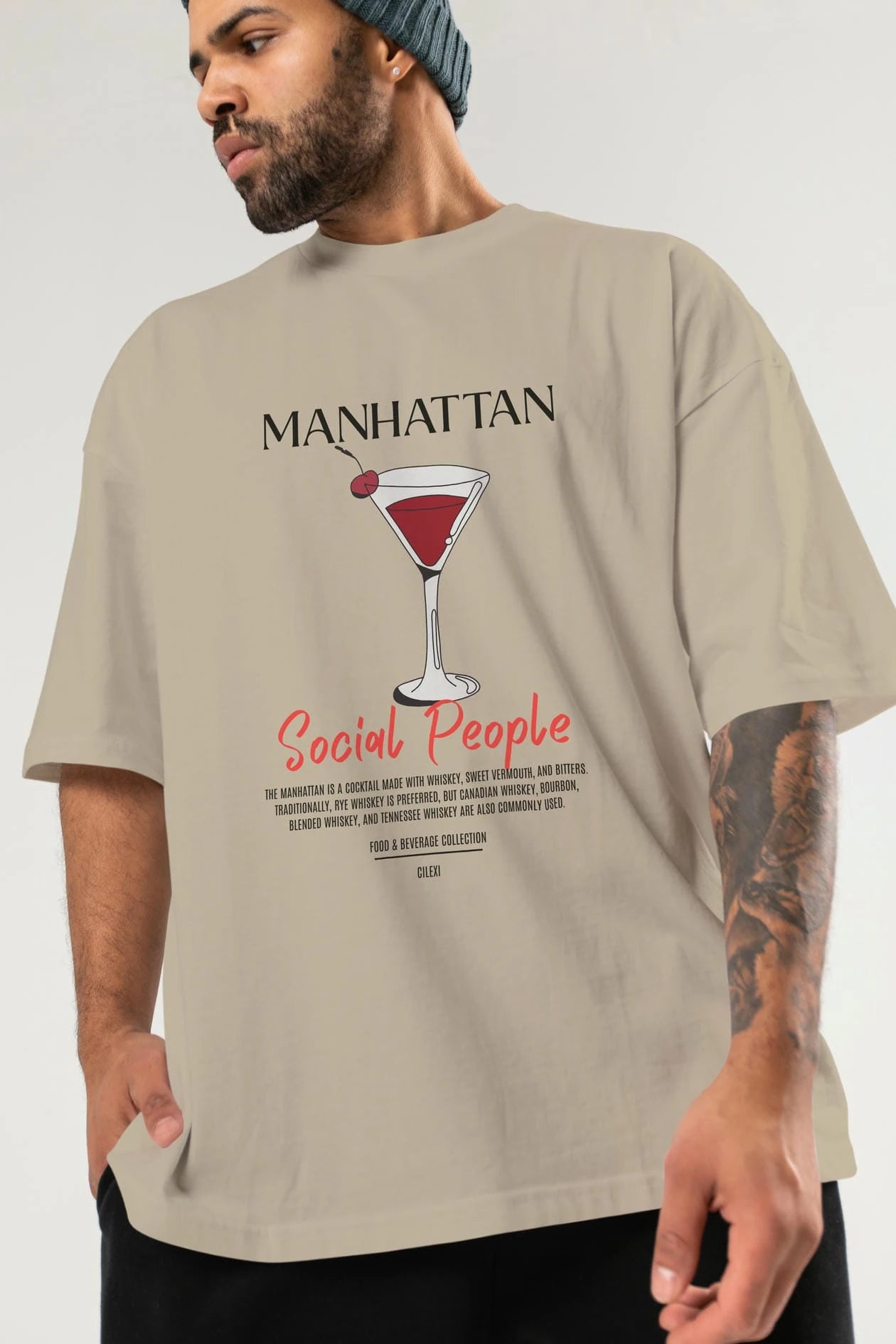 Manhattan Kokteyl Serisi ön Baskılı Oversize t-shirt Erkek Kadın %100 Pamuk Bisiklet Yaka tişort