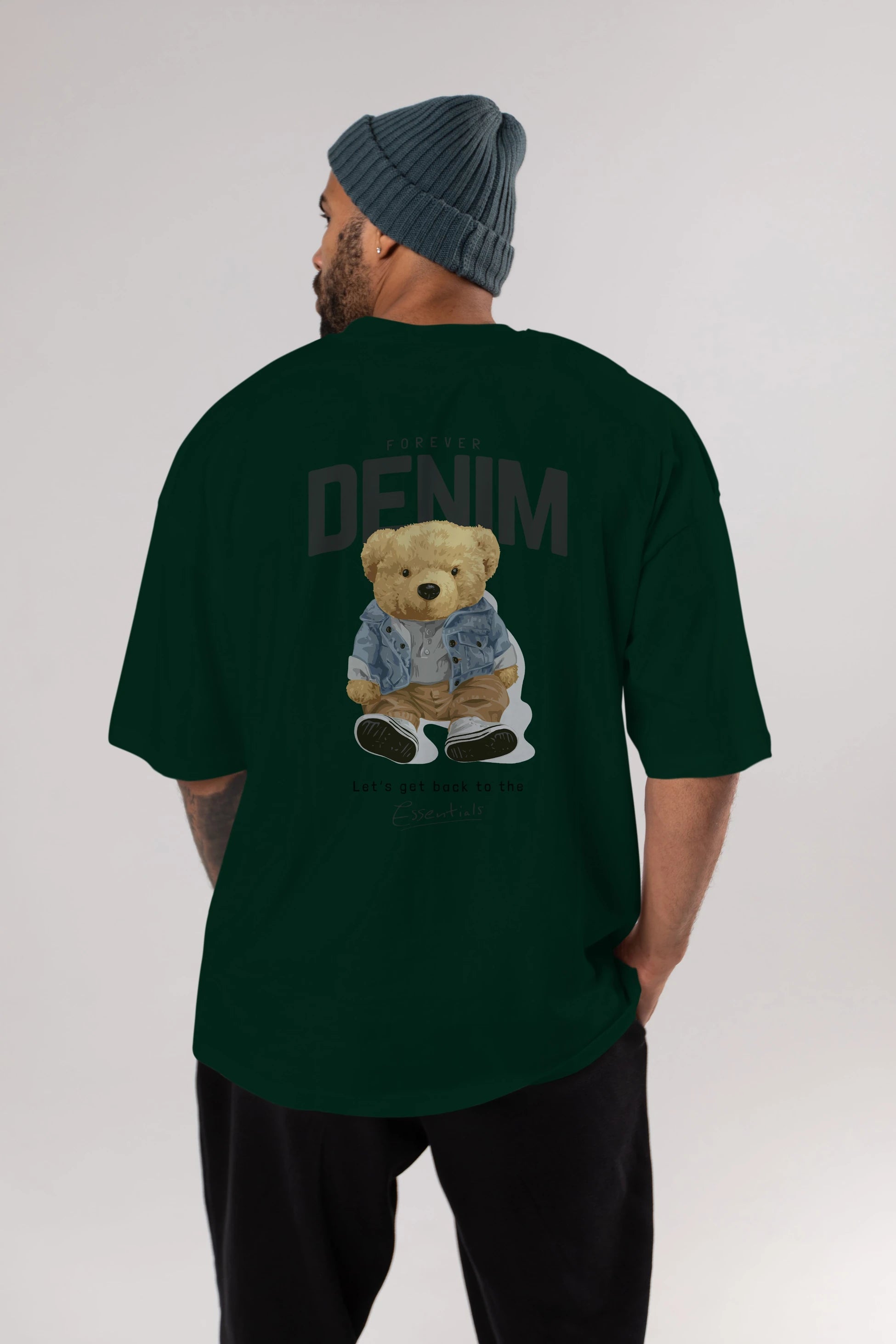Teddy Bear Forever Denim Arka Baskılı Oversize t-shirt Erkek Kadın Unisex %100 Pamuk