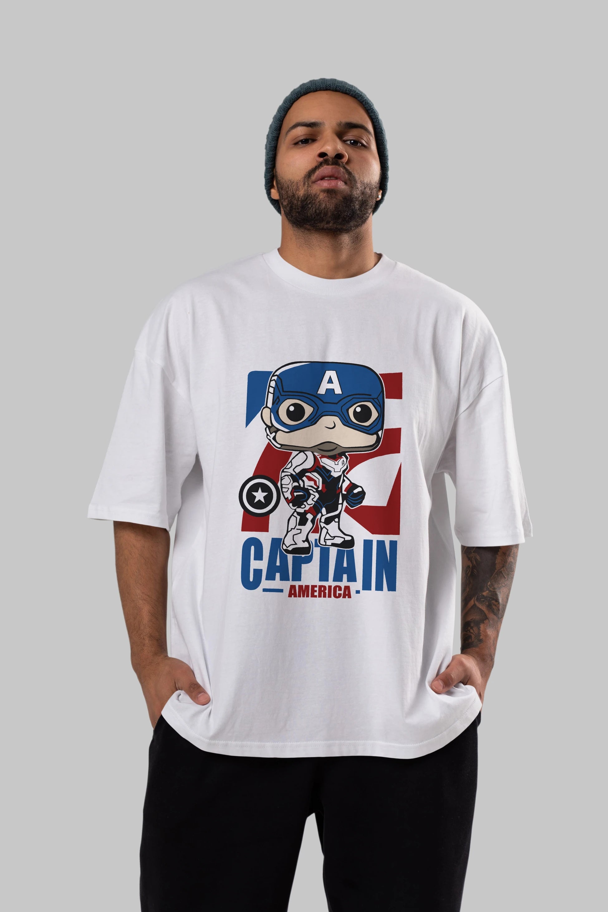 Captain America Ön Baskılı Oversize t-shirt Erkek Kadın Unisex %100 Pamuk Bisiklet Yaka tişort