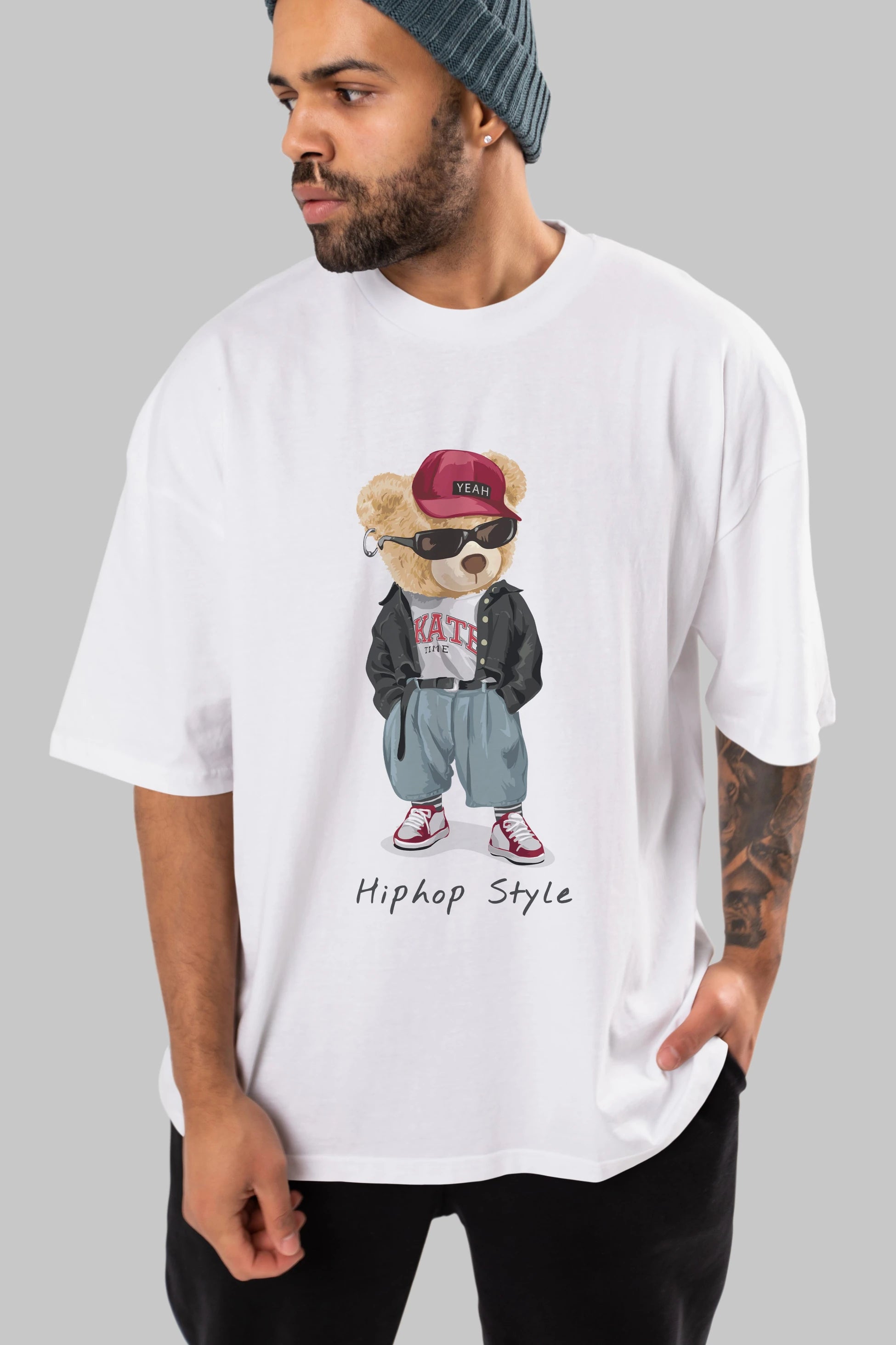Teddy Bear Hiphop Style Ön Baskılı Oversize t-shirt Erkek Kadın Unisex %100 Pamuk