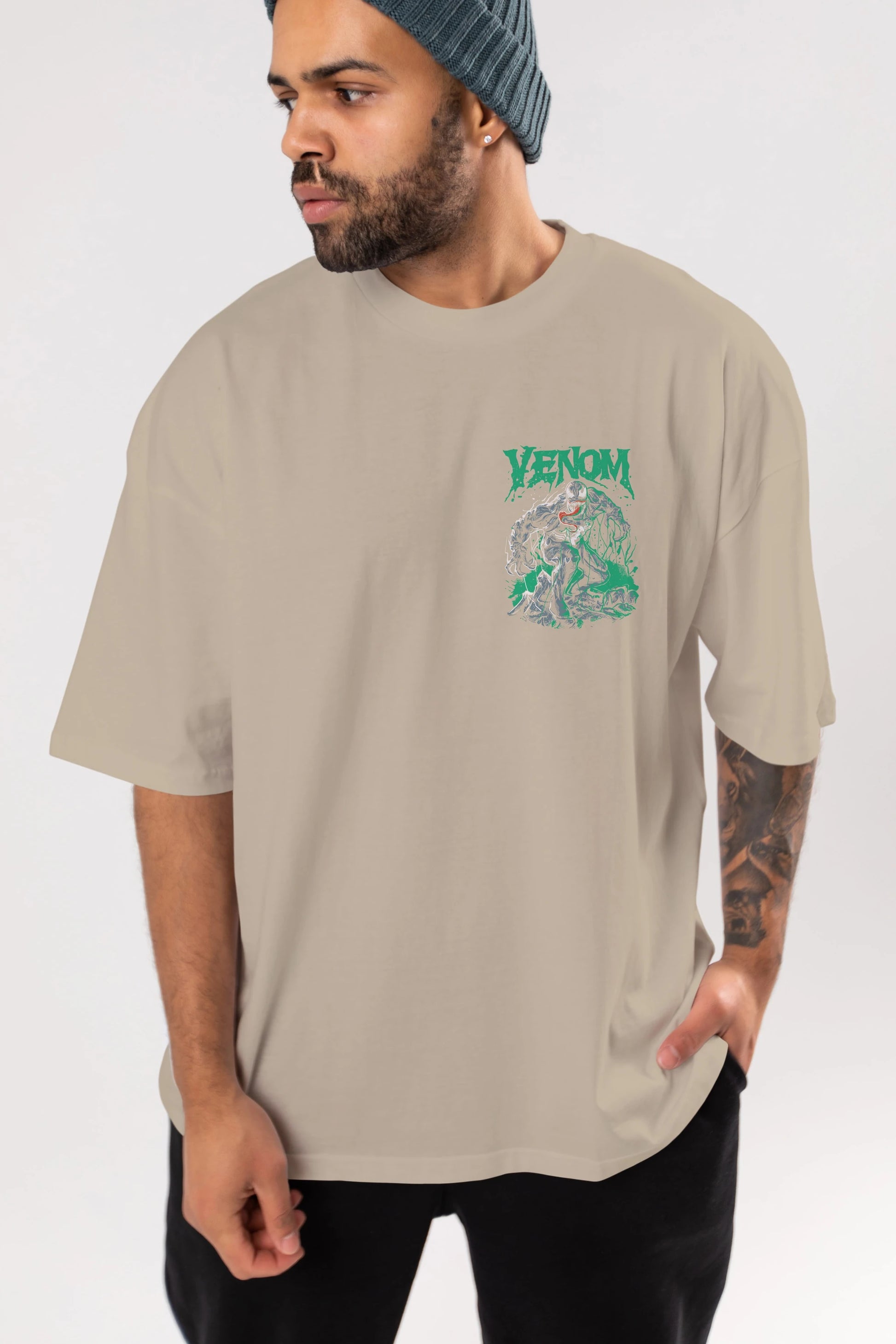 Venom (3) Ön Sol Baskılı Oversize t-shirt Erkek Kadın Unisex %100 Pamuk Bisiklet Yaka tişort