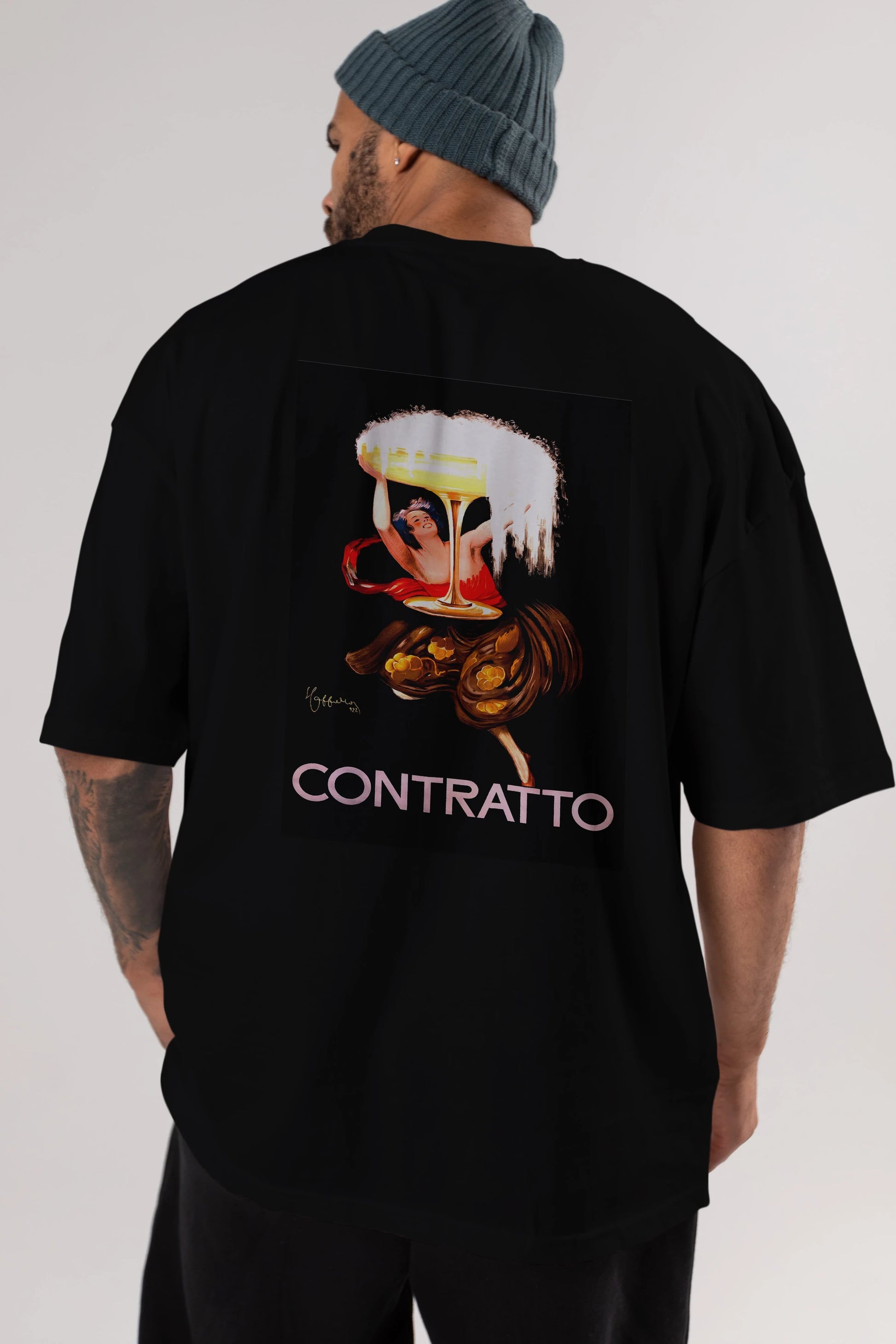 Contratto Arka Baskılı Oversize t-shirt Erkek Kadın Unisex %100 Pamuk Bisiklet Yaka tişort