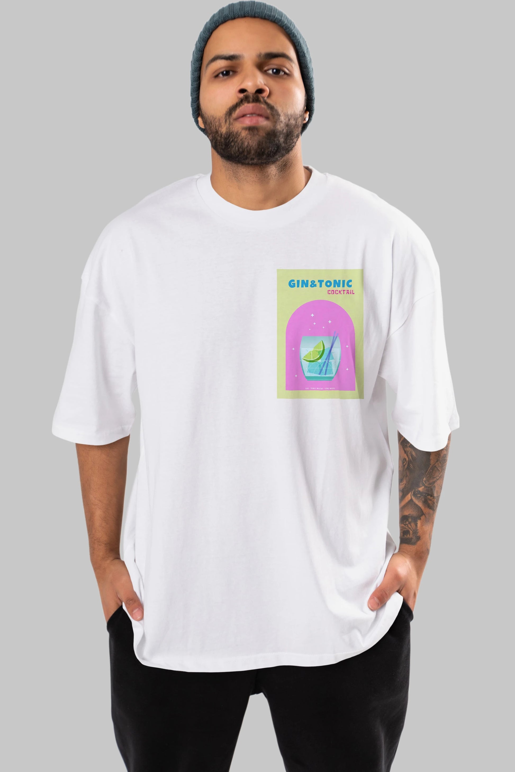 Gin Tonic Cocktail Ön Sol Baskılı Oversize t-shirt Erkek Kadın Unisex %100 Pamuk Bisiklet Yaka tişort