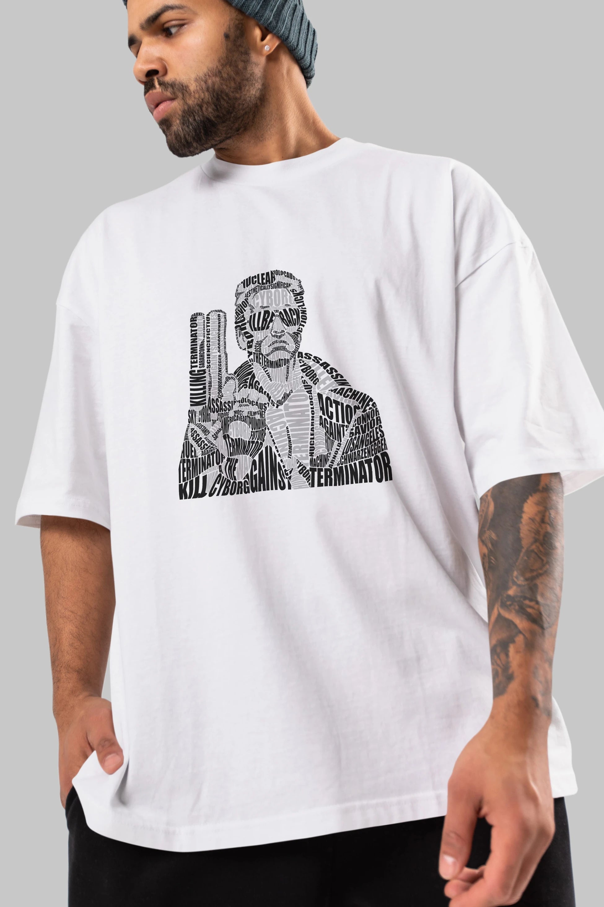 Terminator Calligram Ön Baskılı Oversize t-shirt %100 pamuk Erkek Kadın Unisex