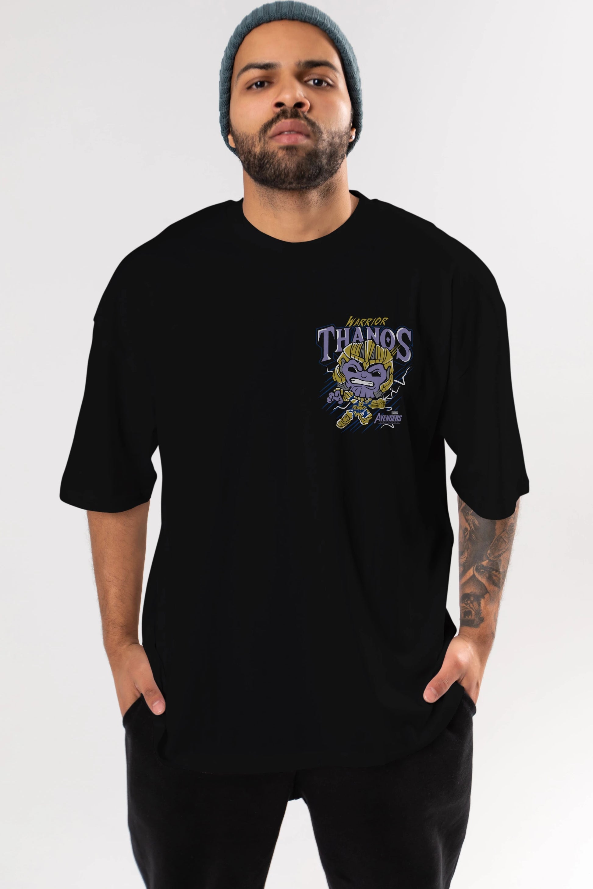 Thanos (2) Ön Sol Baskılı Oversize t-shirt Erkek Kadın Unisex %100 Pamuk Bisiklet Yaka tişort