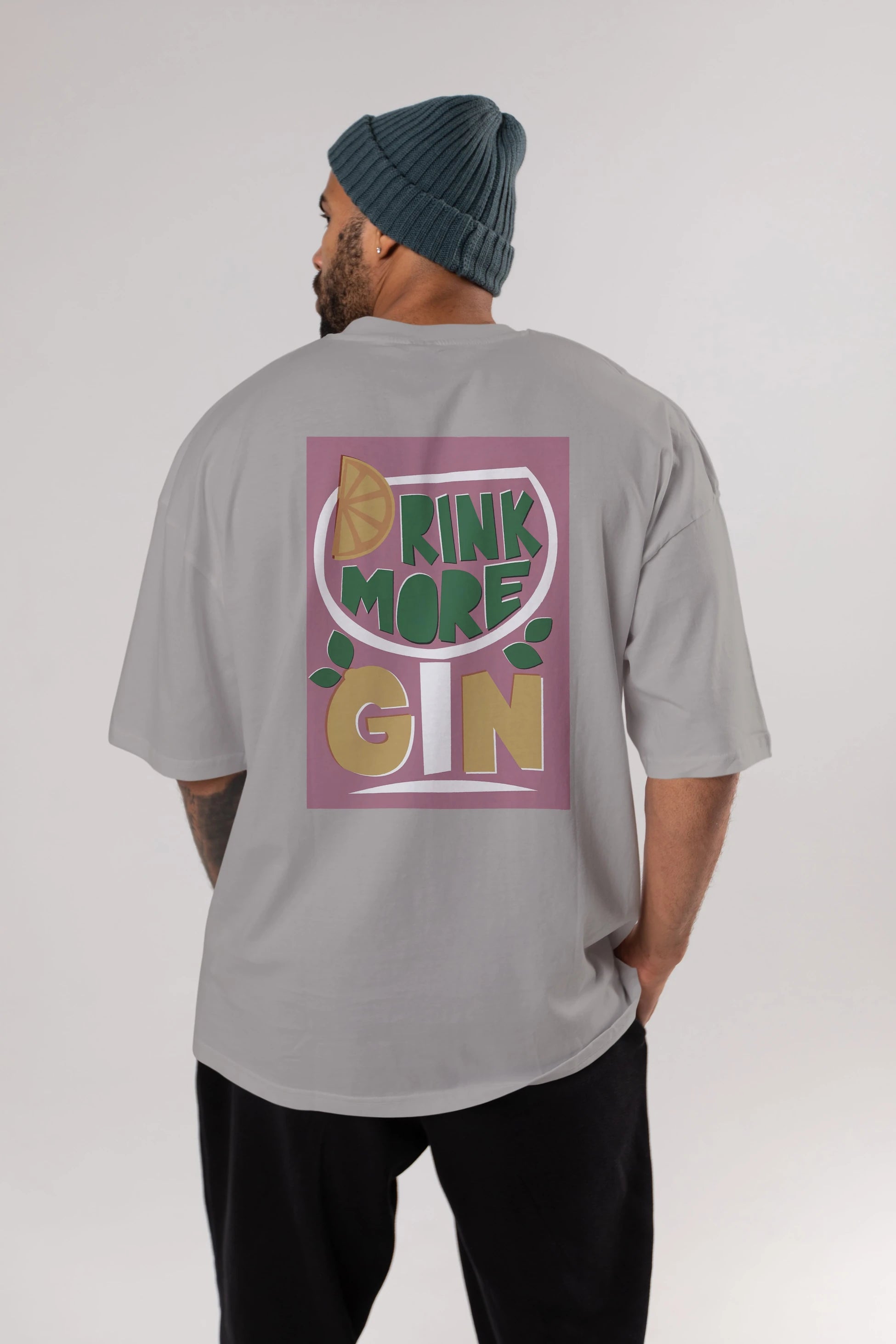 Drink More Gin Arka Baskılı Oversize t-shirt Erkek Kadın Unisex %100 Pamuk Bisiklet Yaka tişort