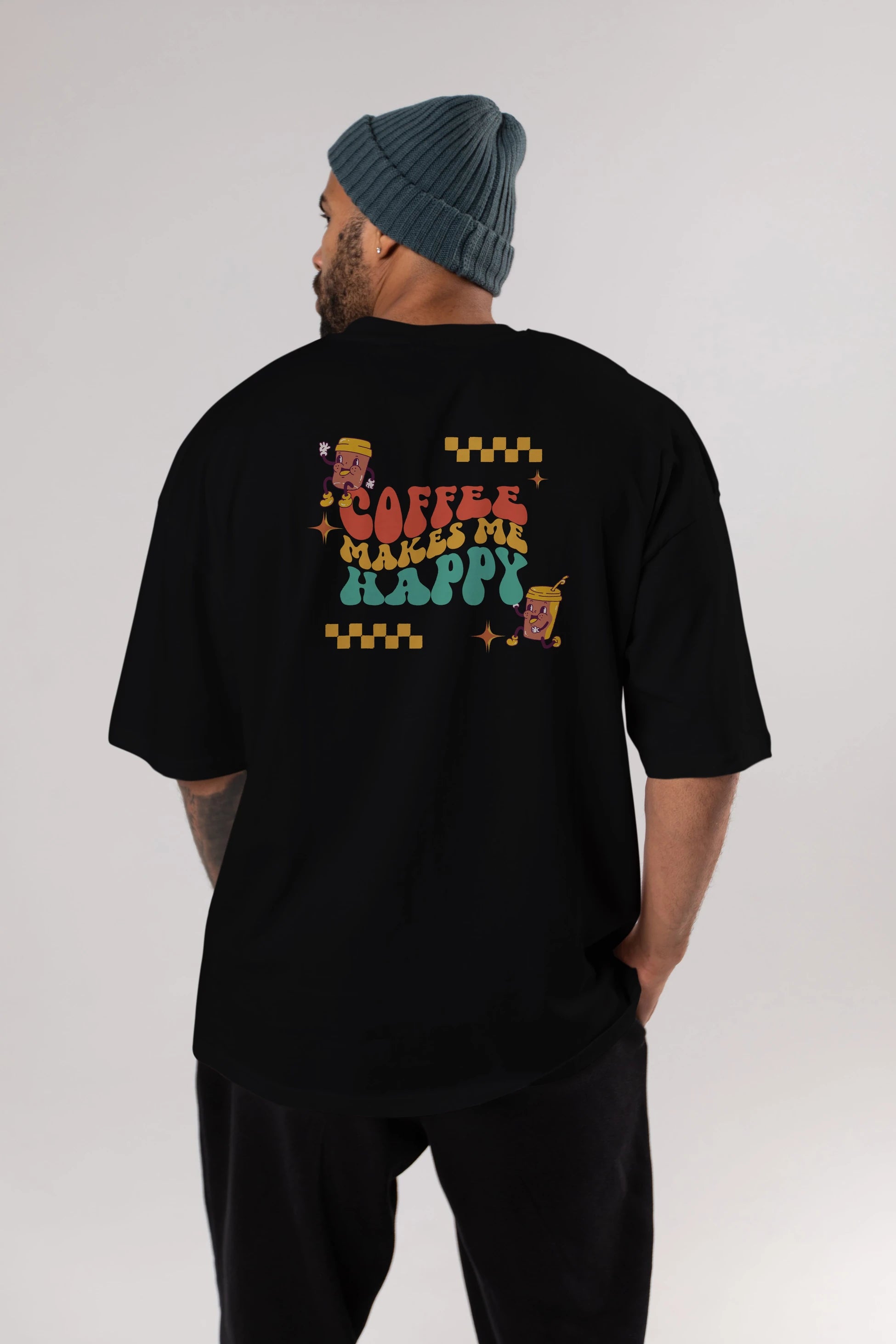 Coffee Makes Me Happy Yazılı Arka Baskılı Oversize t-shirt Erkek Kadın Unisex
