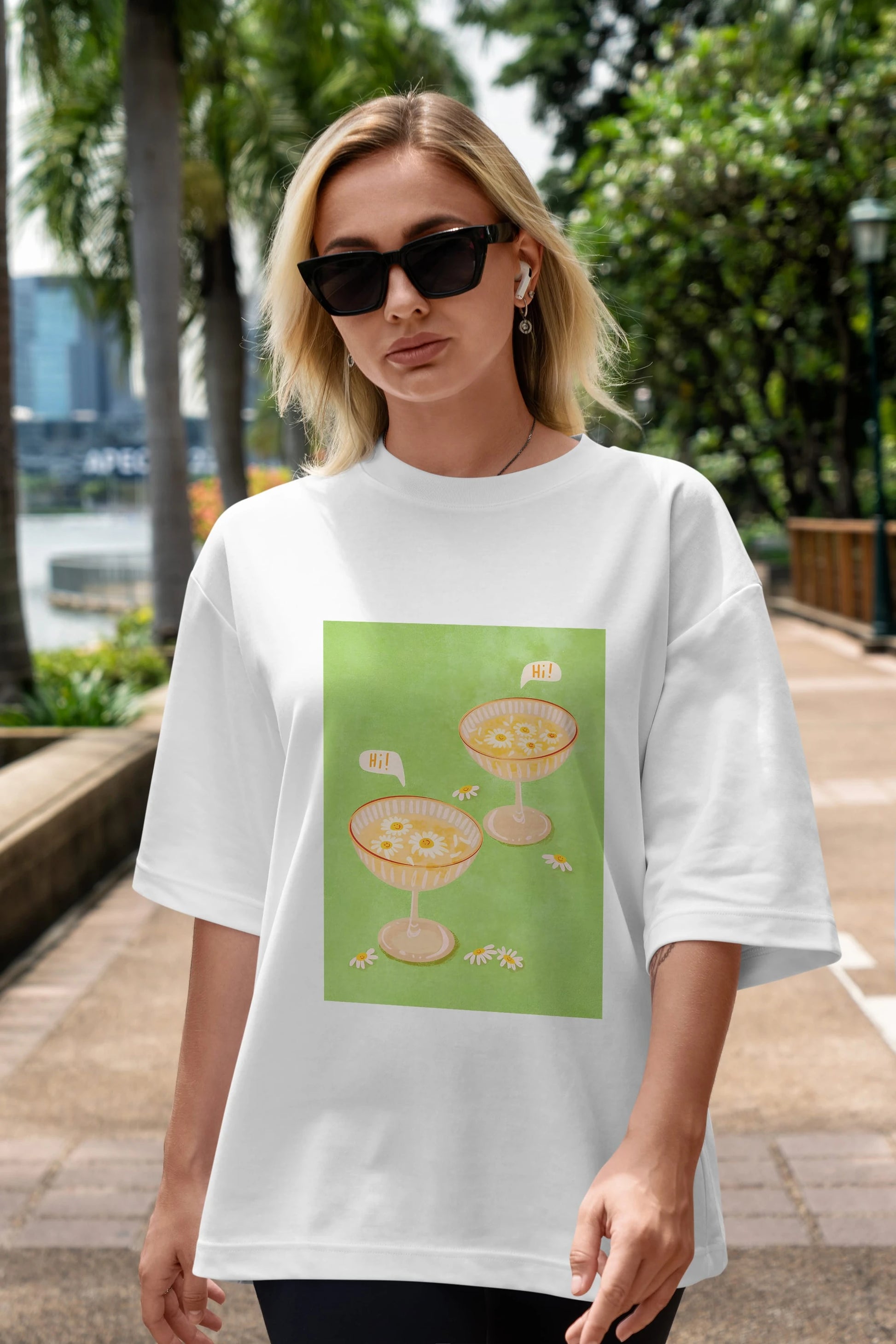 Hi Cheers Ön Baskılı Oversize t-shirt Erkek Kadın Unisex %100 Pamuk Bisiklet Yaka tişort