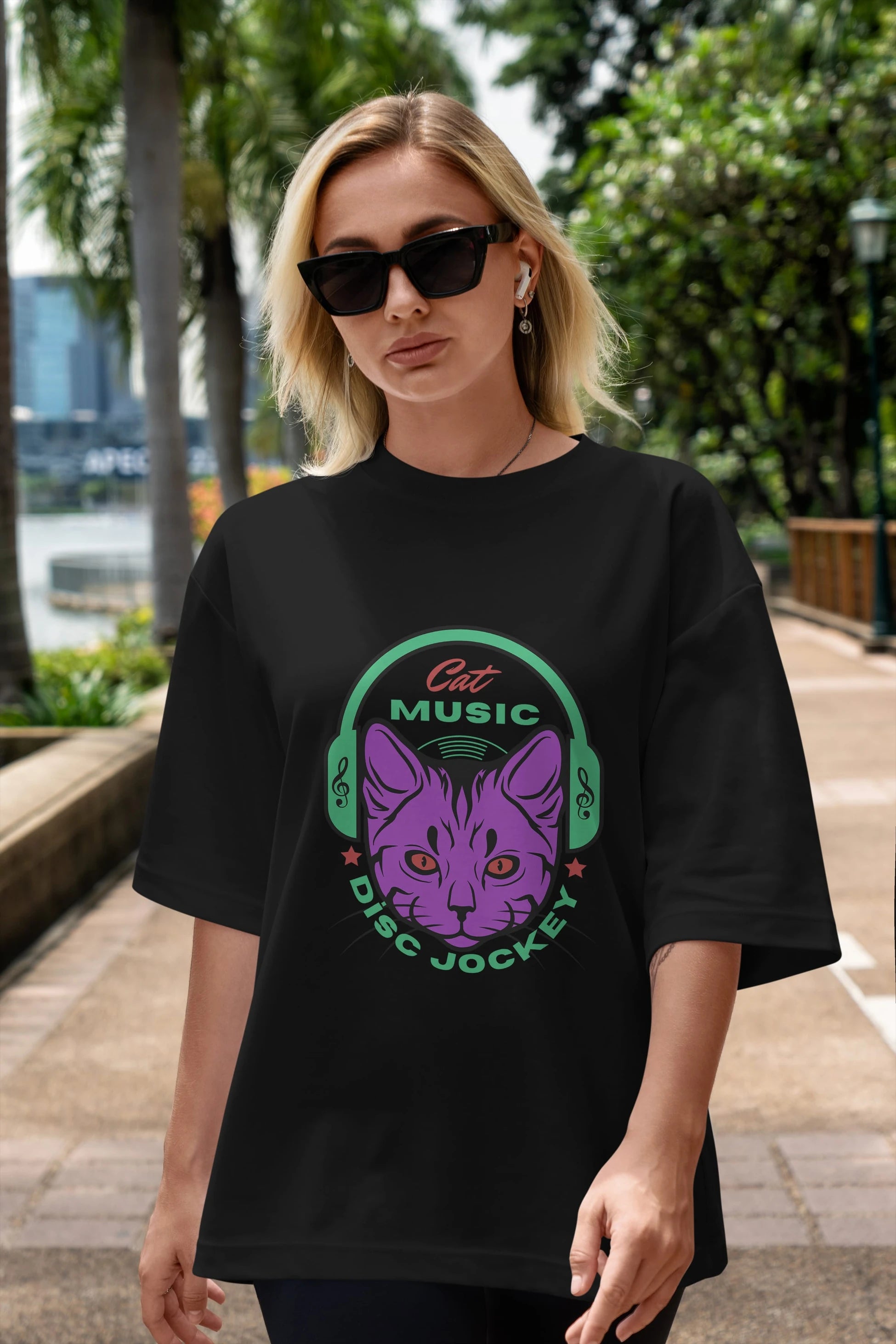 Cat Music Ön Baskılı Oversize t-shirt Erkek Kadın Unisex