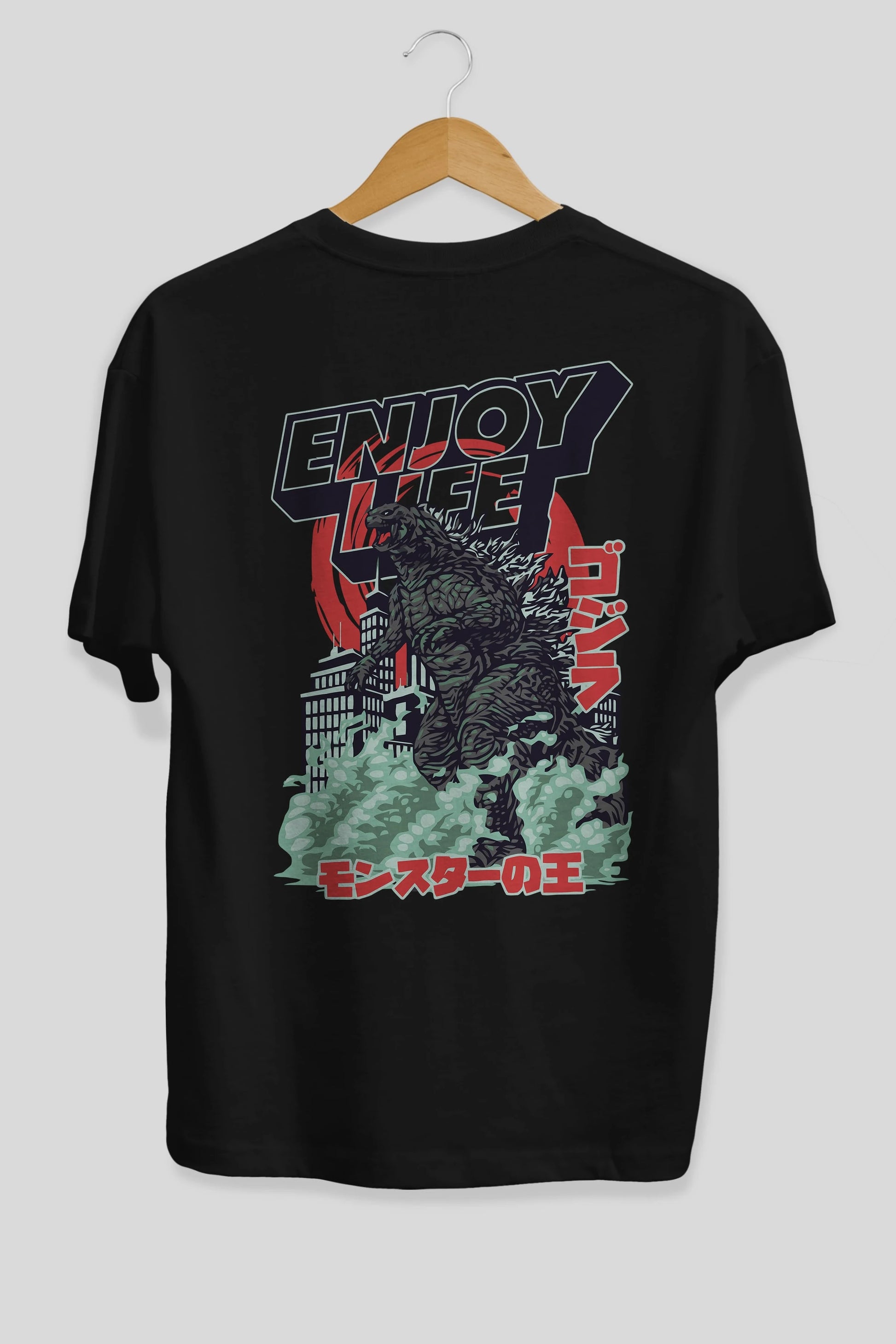 Godzilla Arka Baskılı Oversize t-shirt Erkek Kadın Unisex %100 Pamuk Bisiklet Yaka tişort