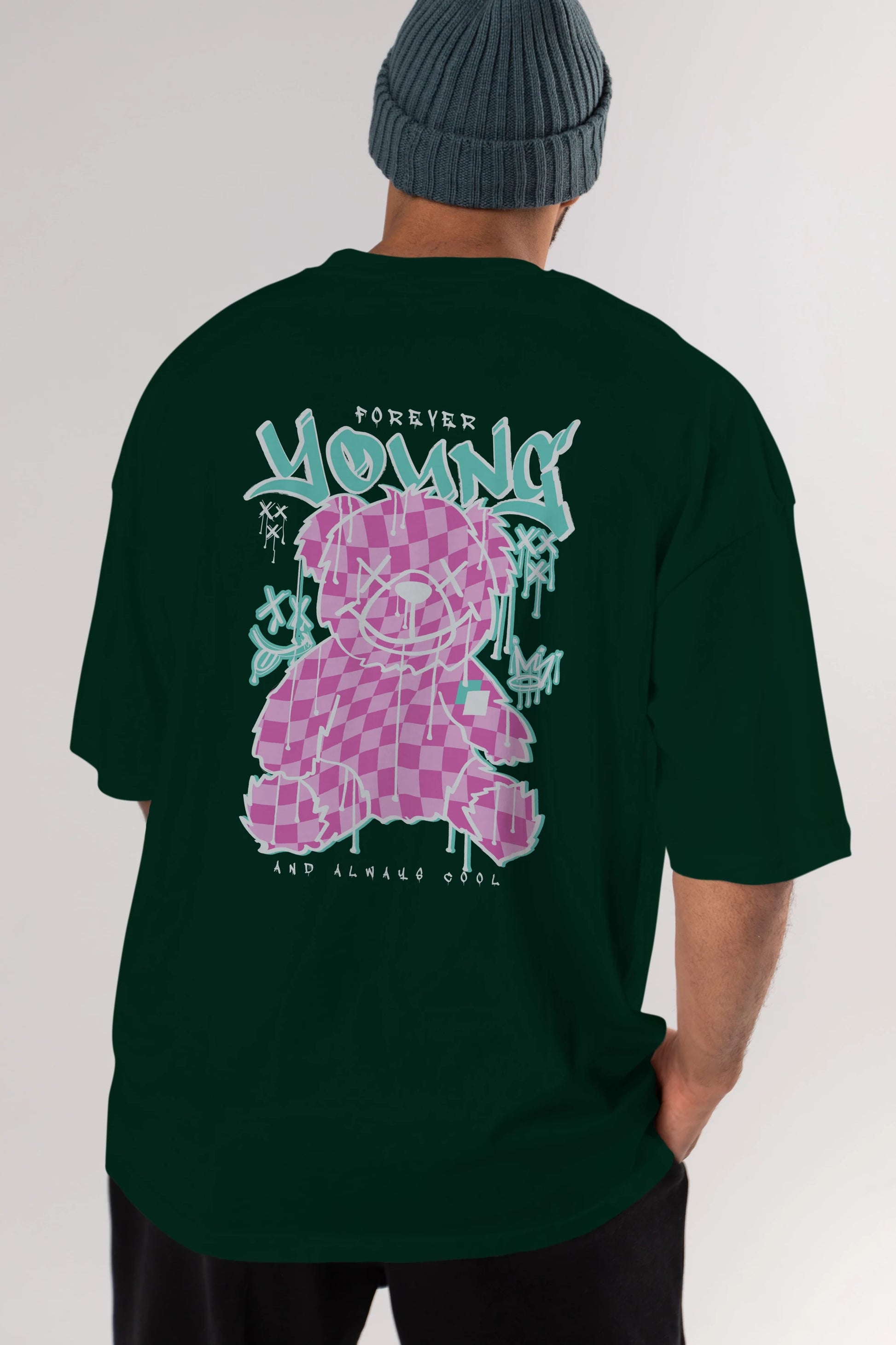 Young and Always Cool Bear Arka Baskılı Oversize t-shirt Erkek Kadın Unisex