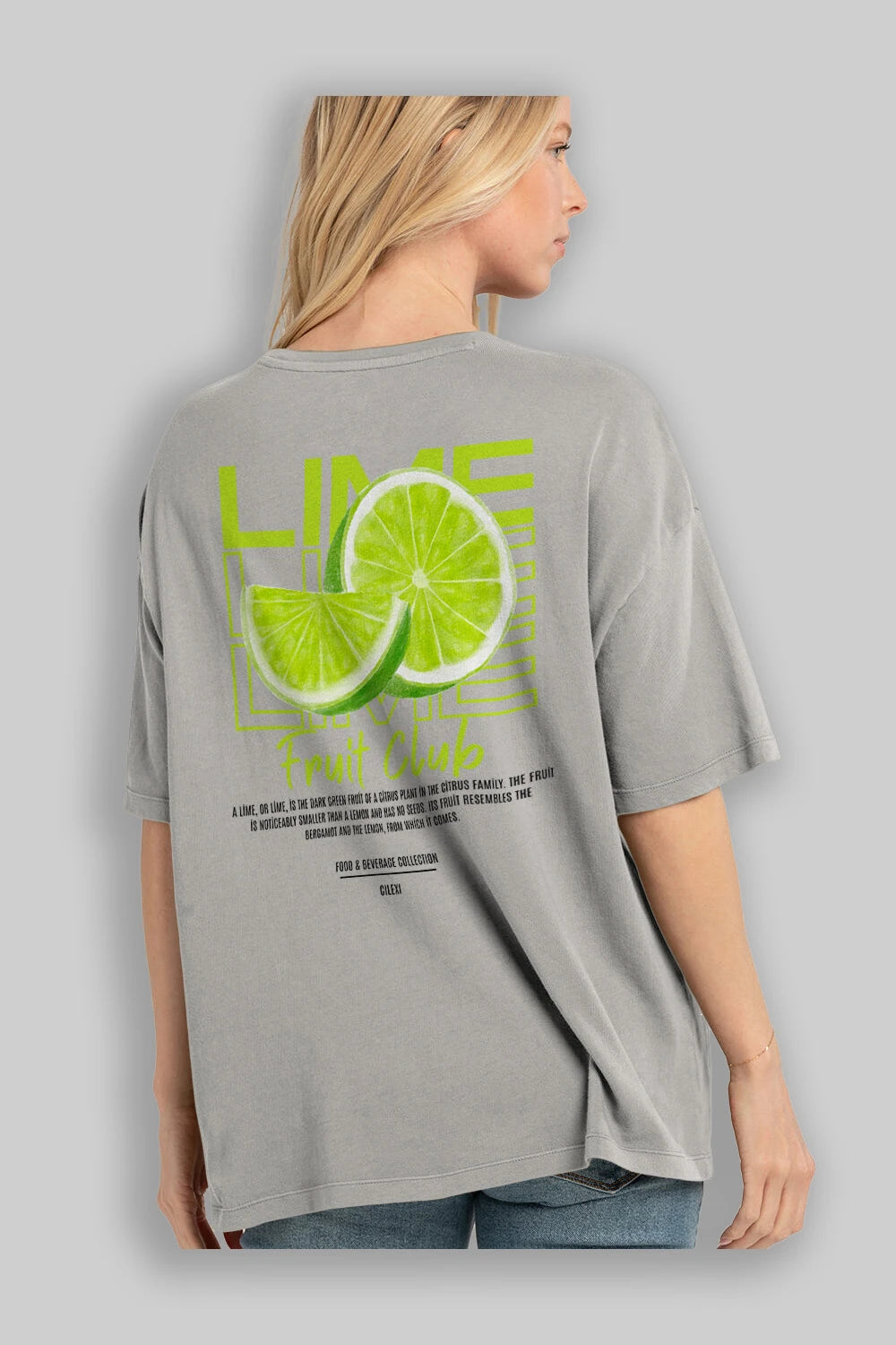 Lime Arka Baskılı Oversize t-shirt Erkek Kadın Pamuk Bisiklet Yaka tişort