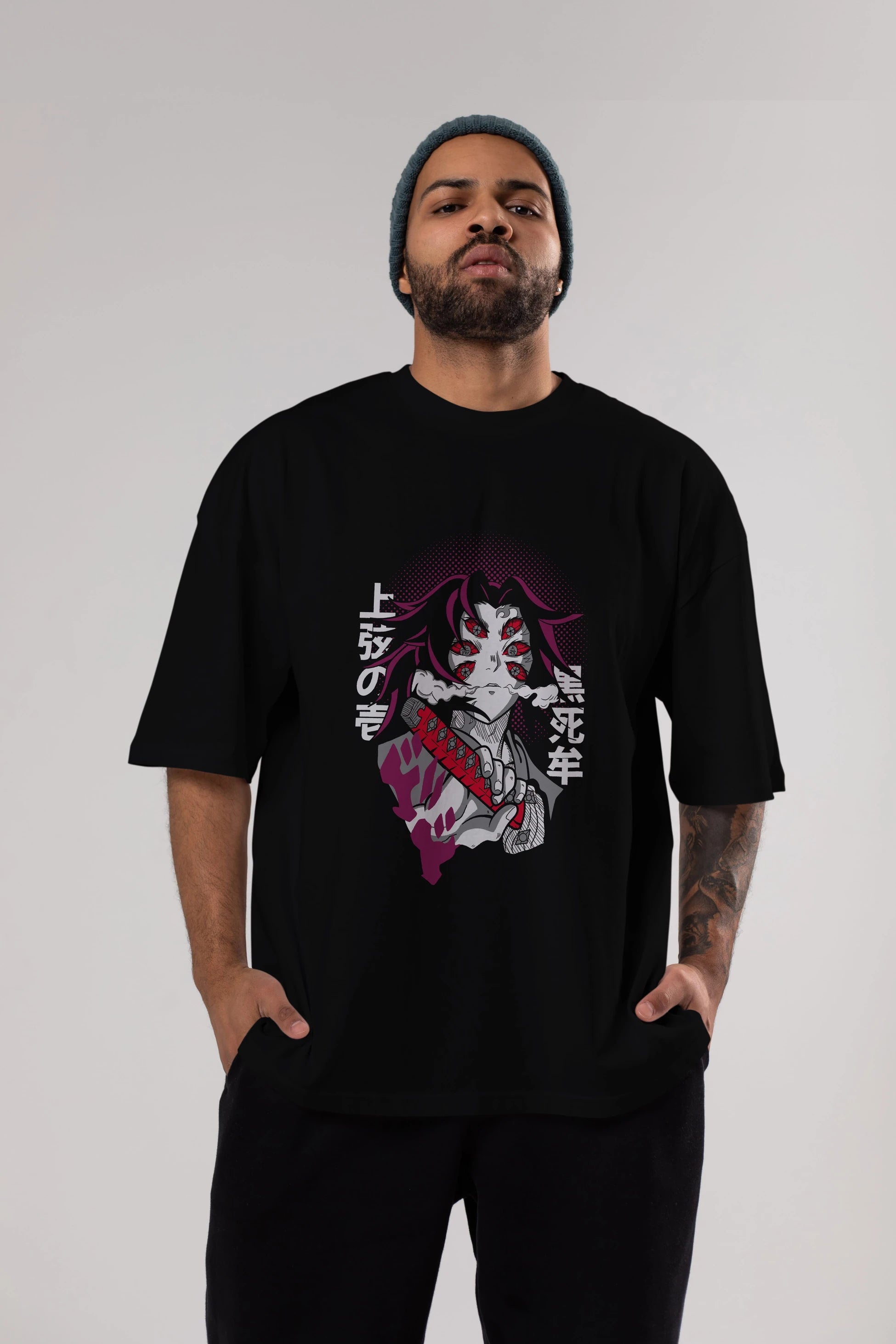 Kokushibo Anime Ön Baskılı Oversize t-shirt %100 pamuk Erkek Kadın Unisex