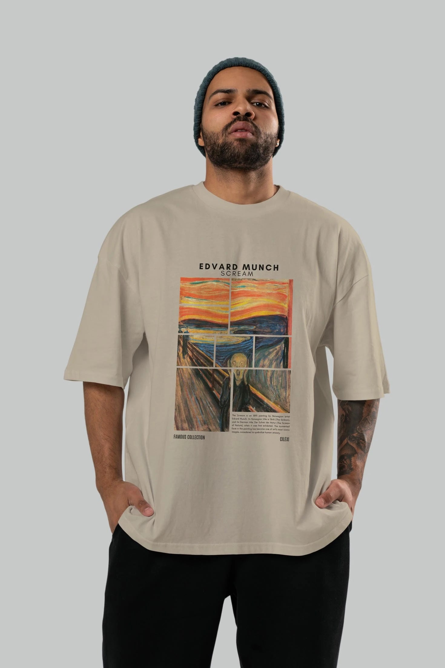 Edvard Munch Scream ön Baskılı Oversize t-shirt Erkek Kadın Bisiklet Yaka Pamuk tişort