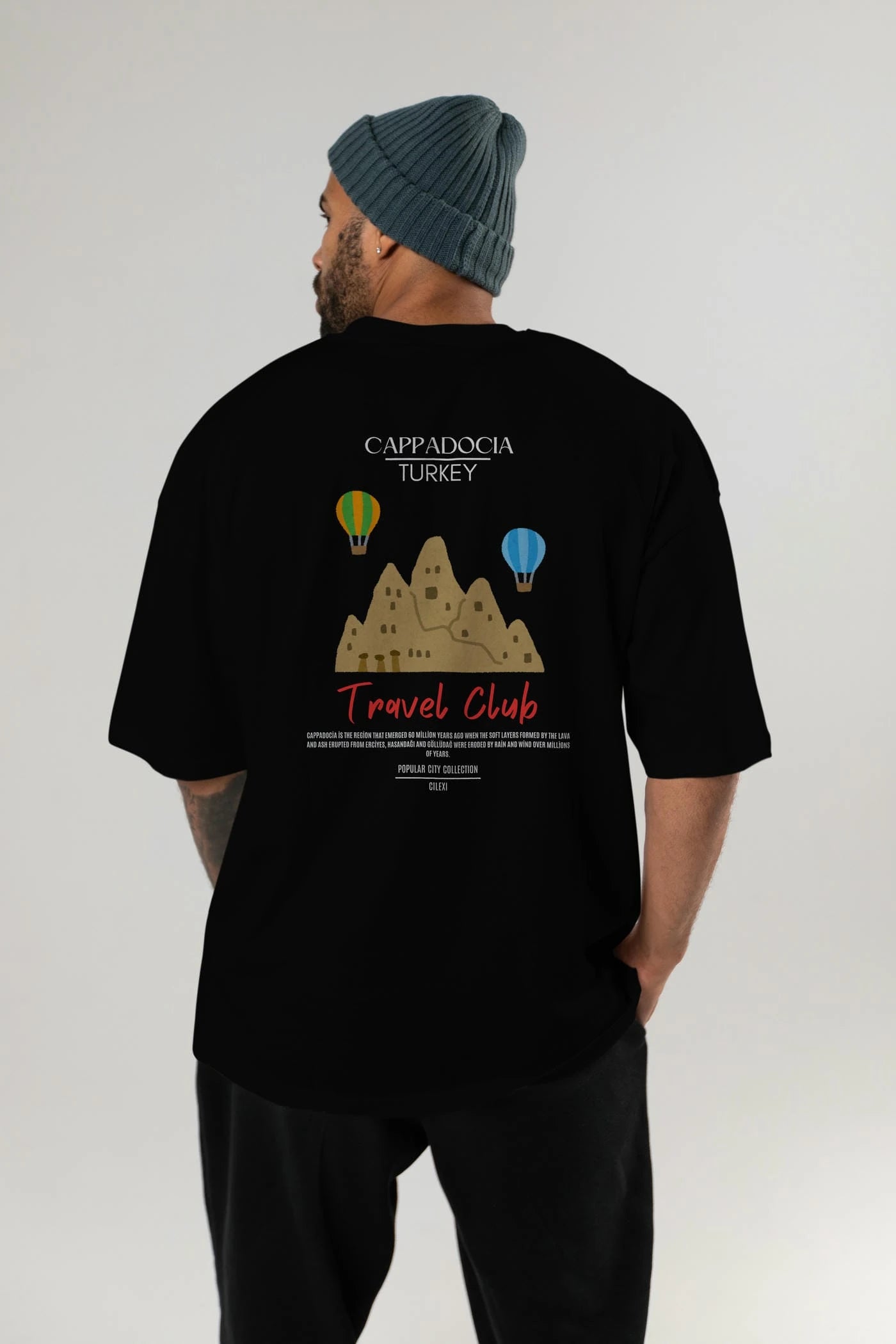 Cappadocia Turkey Arka Baskılı Oversize t-shirt Erkek Kadın Pamuk Bisiklet Yaka tişort