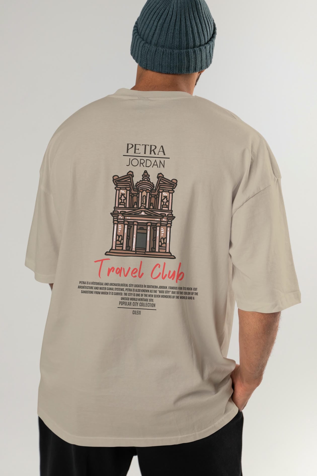 Petra Jordan Arka Baskılı Oversize t-shirt Erkek Kadın Pamuk Bisiklet Yaka tişort