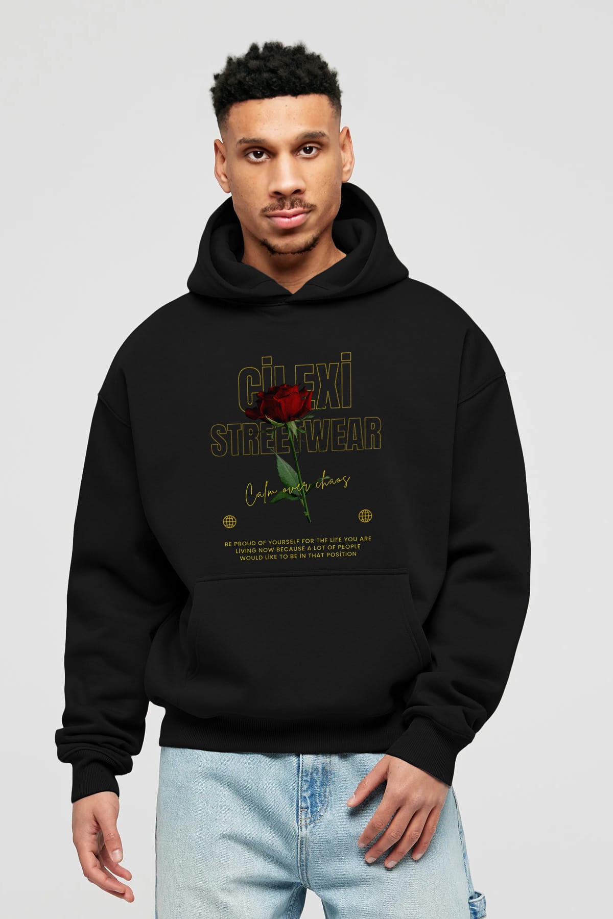 Rose Cilexi Streetwear Ön Baskılı Oversize Hoodie Kapüşonlu Sweatshirt Erkek Kadın Unisex