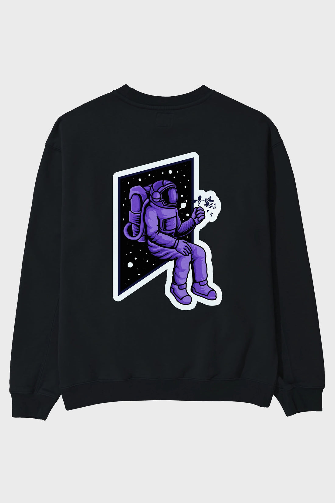 Astronaut holding black rose sticker Arka Baskılı Oversize Sweatshirt Erkek Kadın Unisex