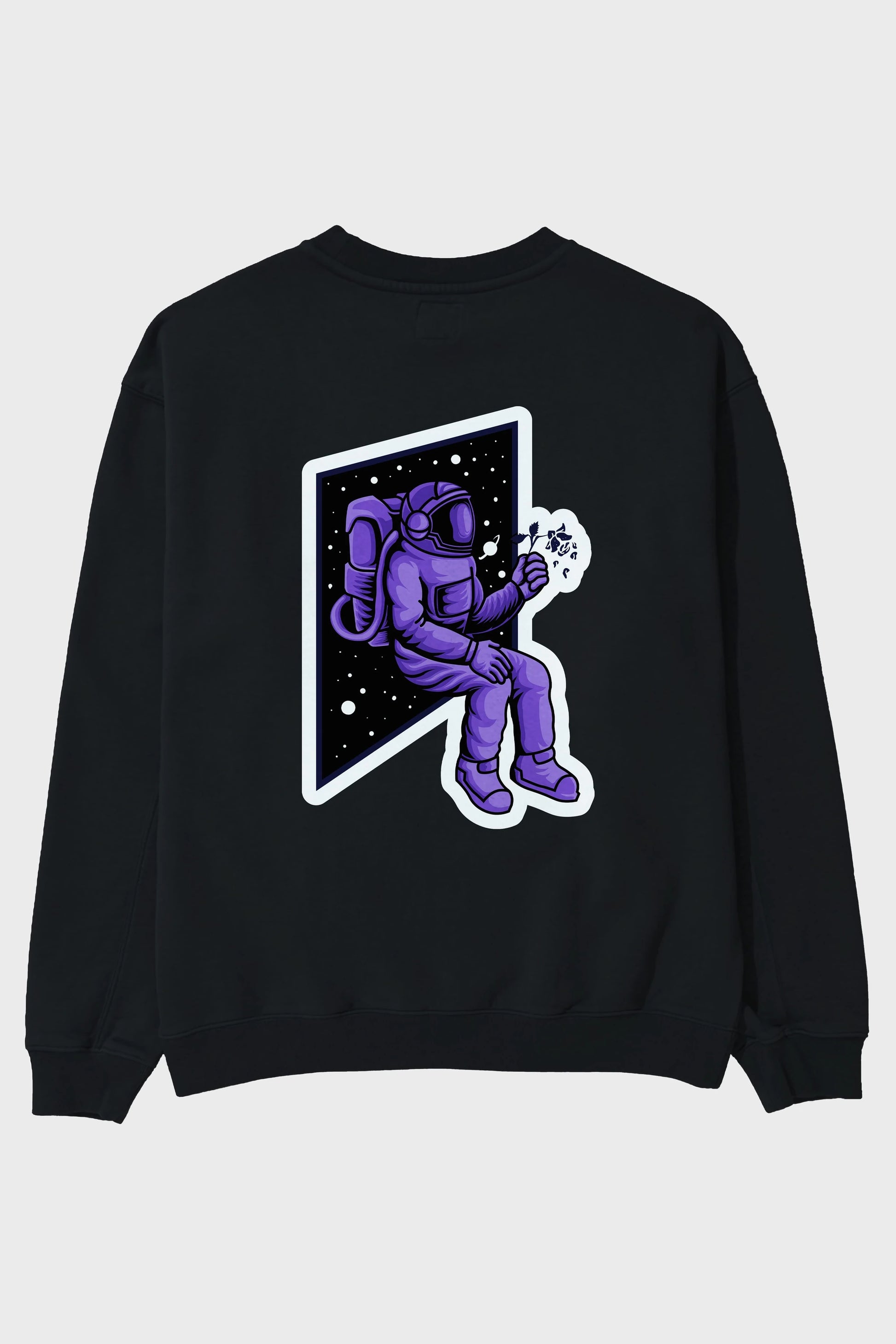Astronaut holding black rose sticker Arka Baskılı Oversize Sweatshirt Erkek Kadın Unisex