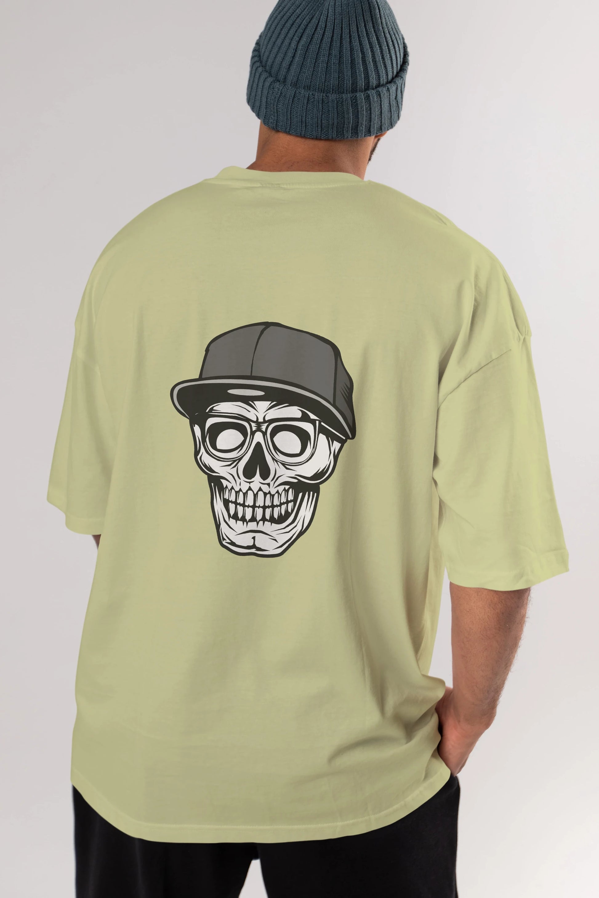 Skull With Hat Arka Baskılı Oversize t-shirt Erkek Kadın Unisex %100 Pamuk tişort