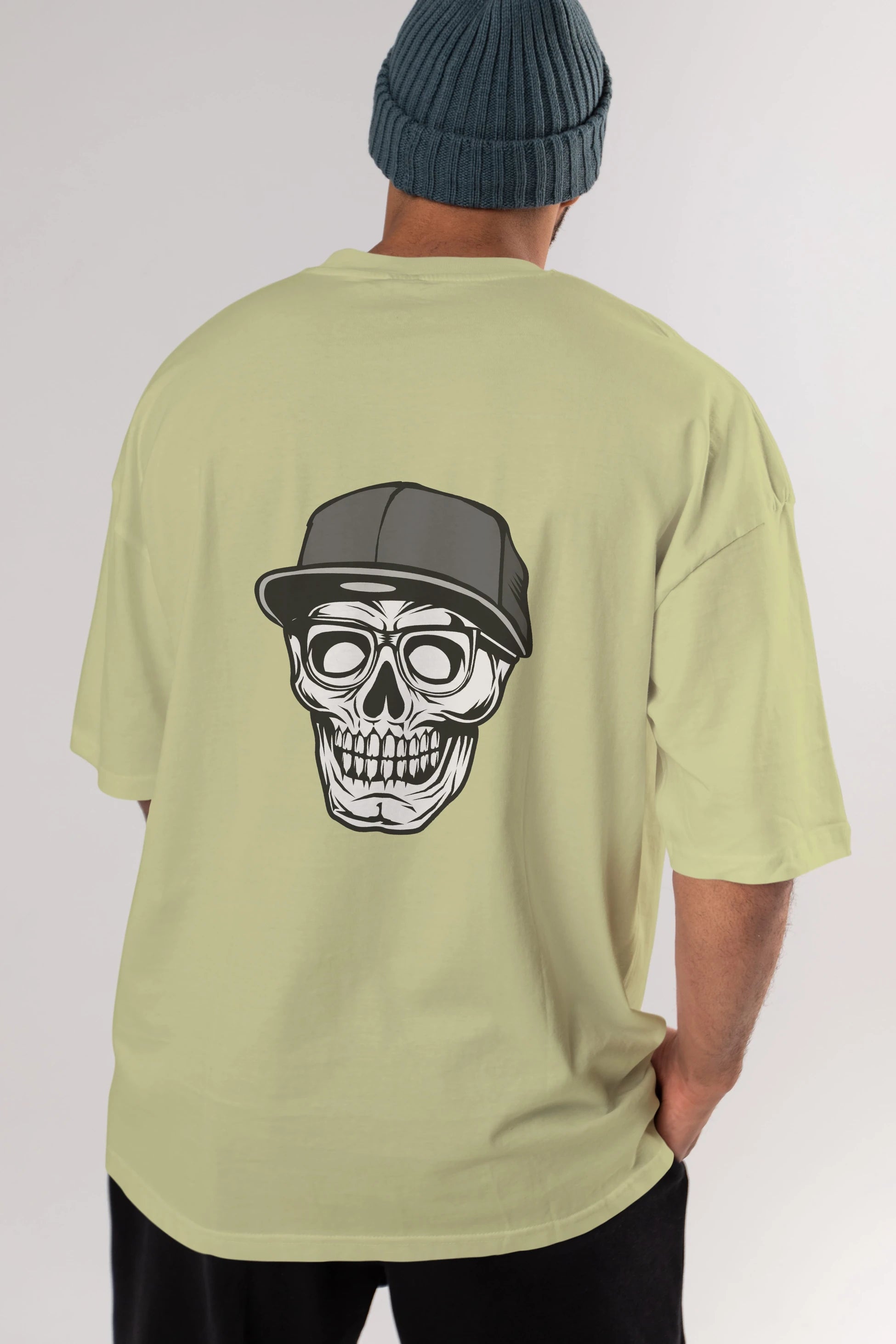 Skull With Hat Arka Baskılı Oversize t-shirt Erkek Kadın Unisex %100 Pamuk tişort