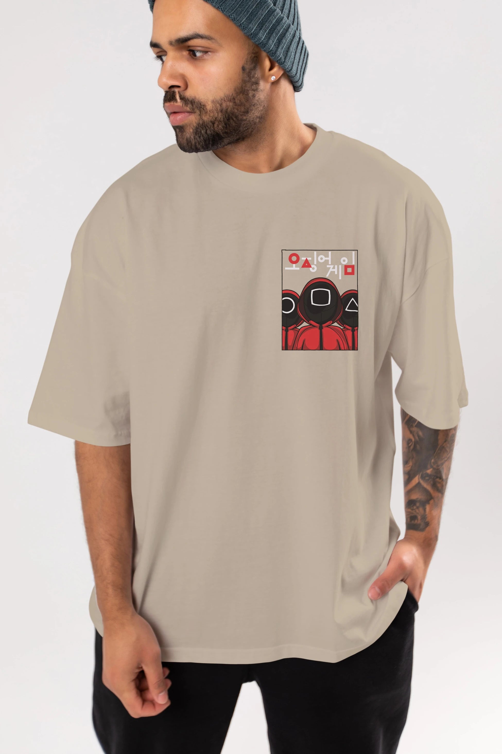 Squid Game (7) Ön Sol Baskılı Oversize t-shirt Erkek Kadın Unisex %100 Pamuk Bisiklet Yaka tişort