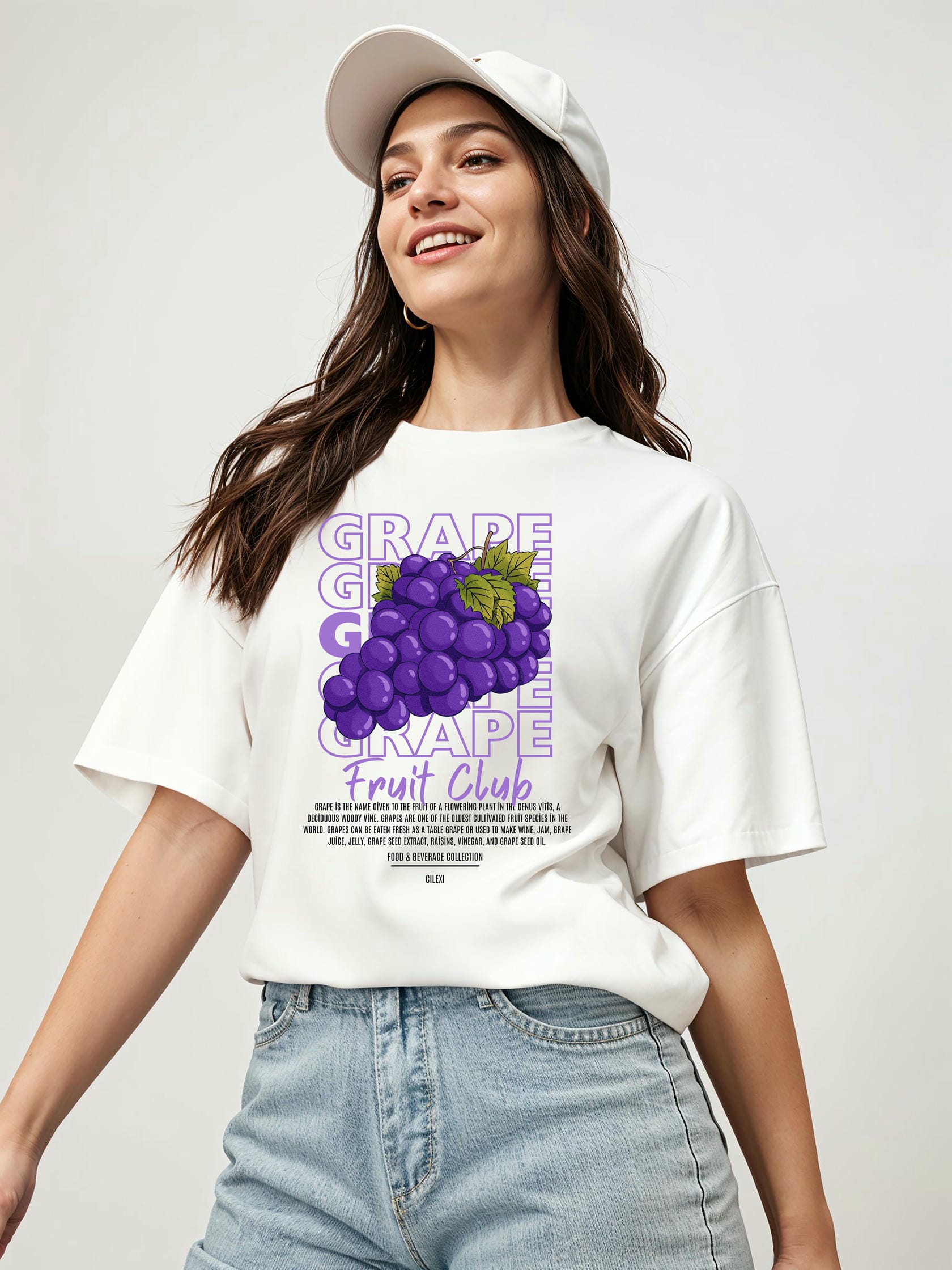 Grape Ön Baskılı Oversize t-shirt Erkek Kadın Pamuk Bisiklet Yaka tişort