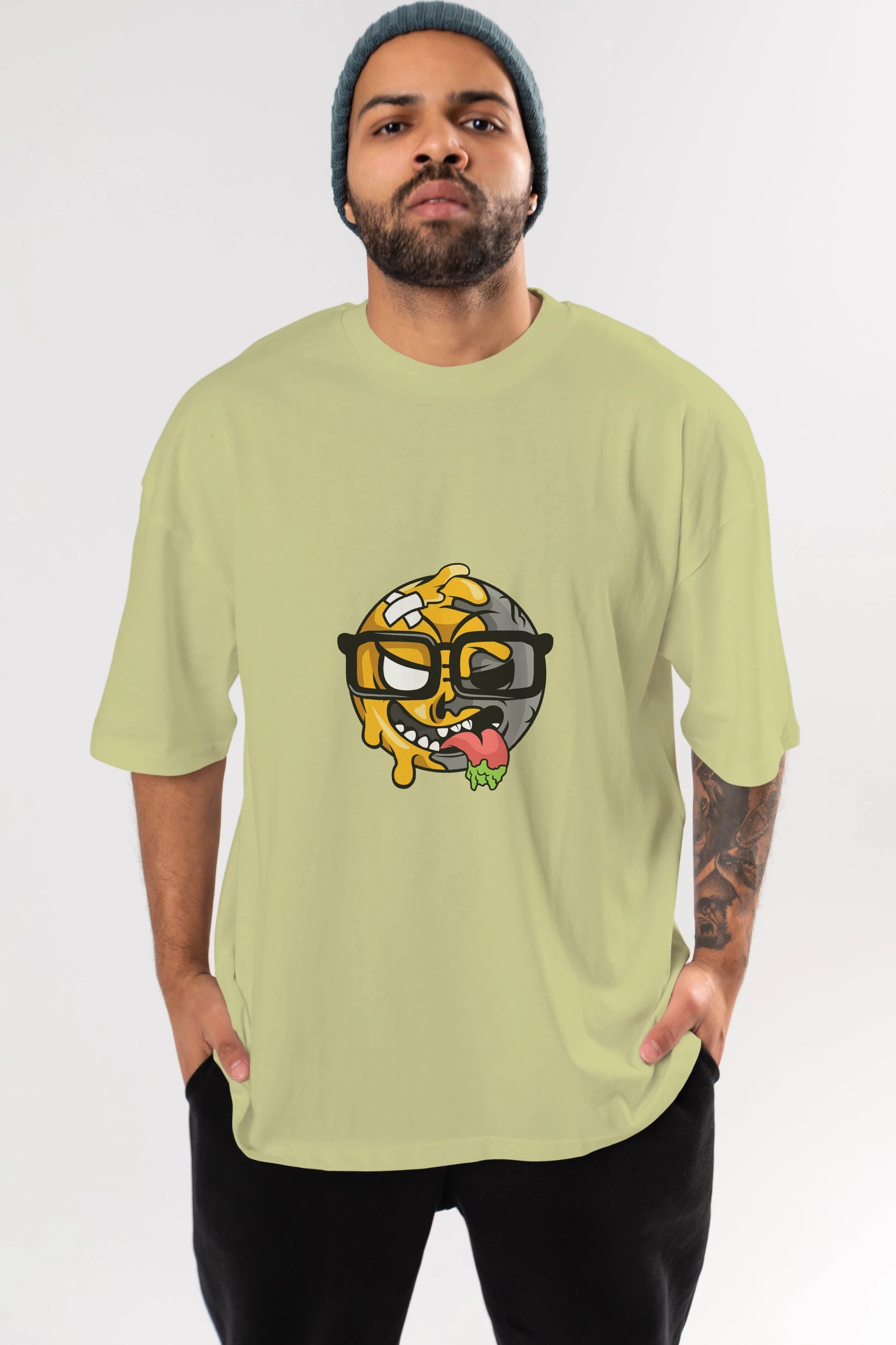 Smiley Nerd Ön Baskılı Oversize t-shirt Erkek Kadın Unisex %100 Pamuk tişort