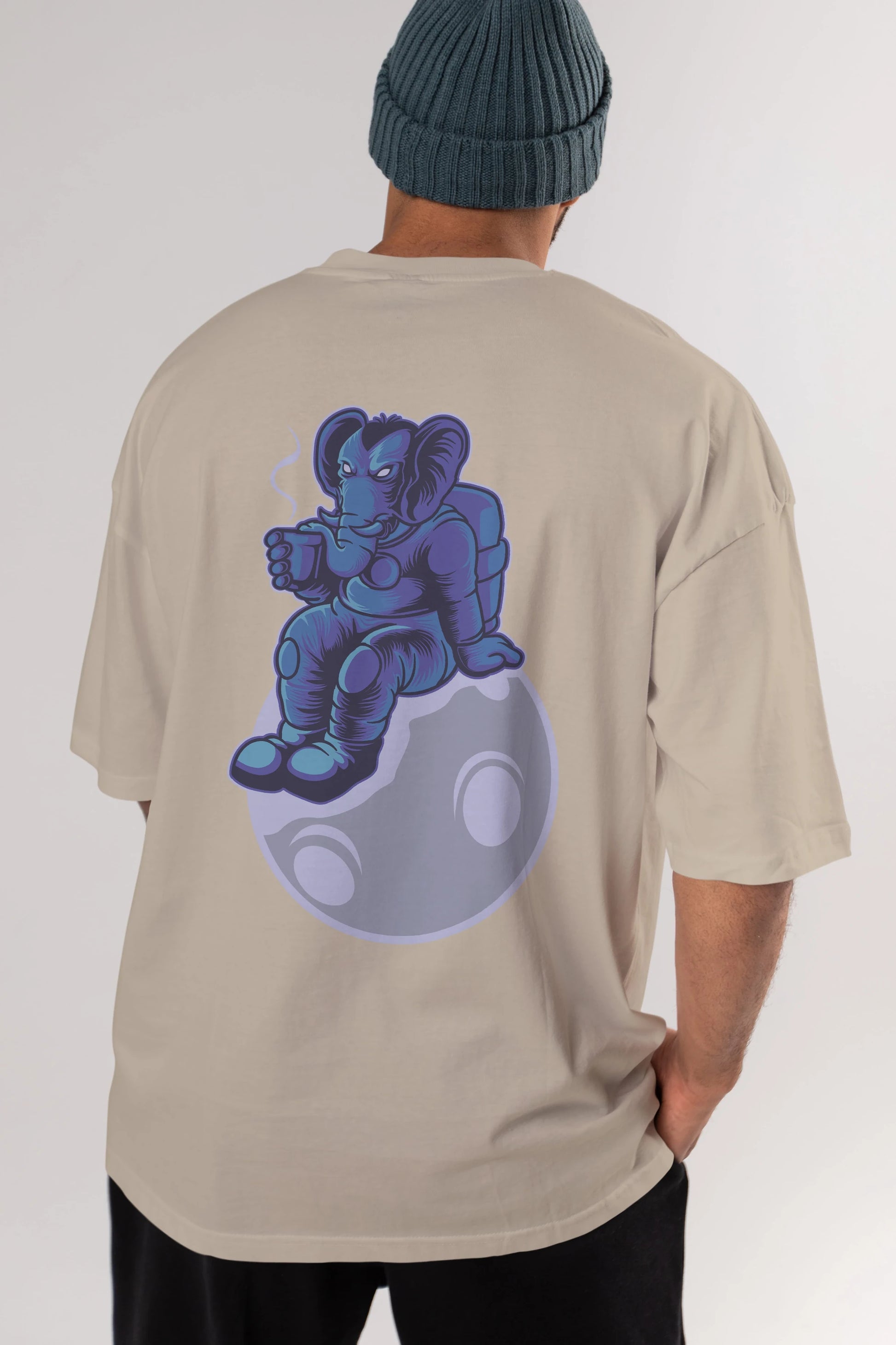 Space Elephant Drink Coffee Arka Baskılı Oversize t-shirt Erkek Kadın Unisex