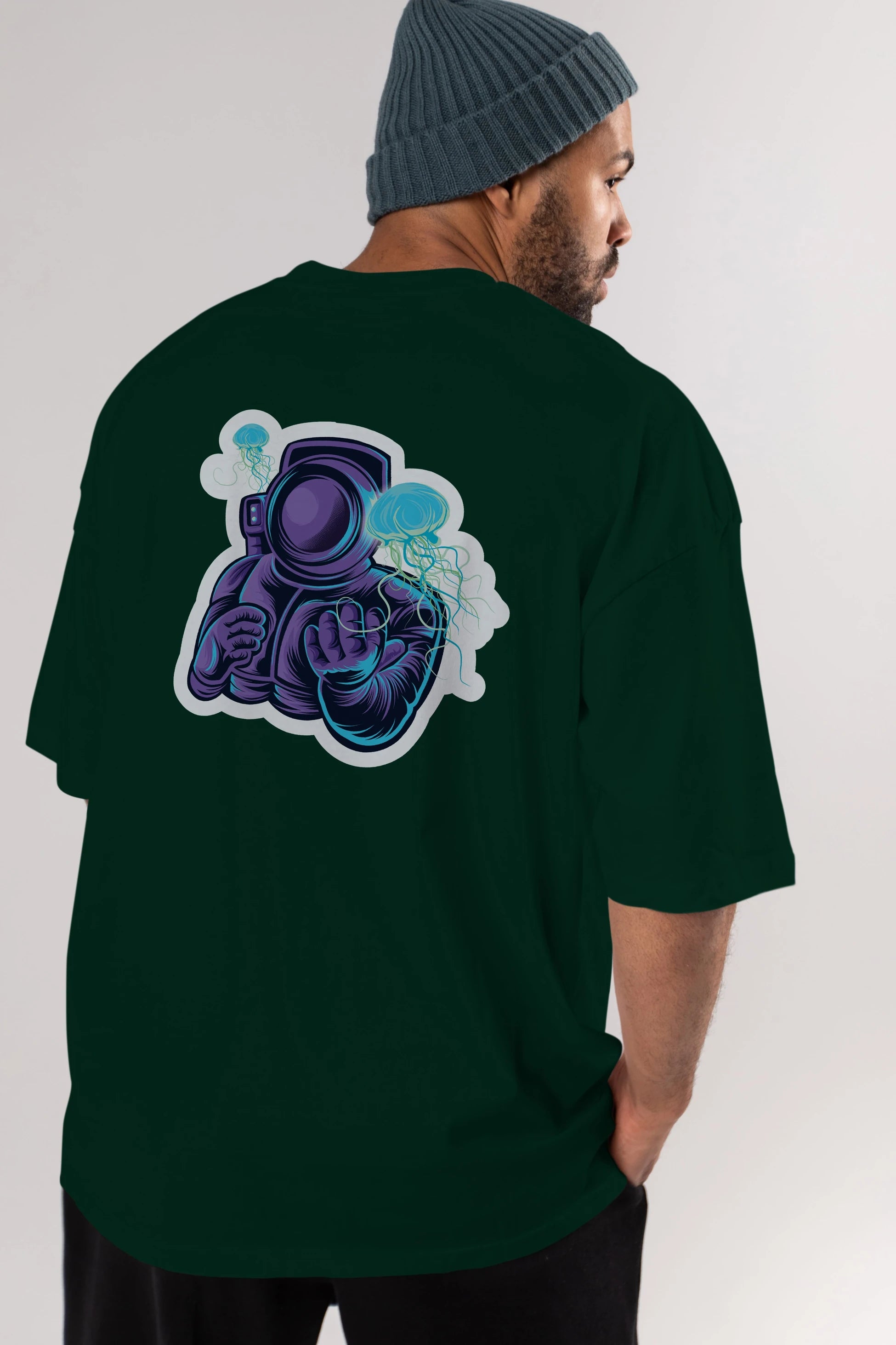 Astronaut and Jellyfish Sticker Arka Baskılı Oversize t-shirt Erkek Kadın Unisex