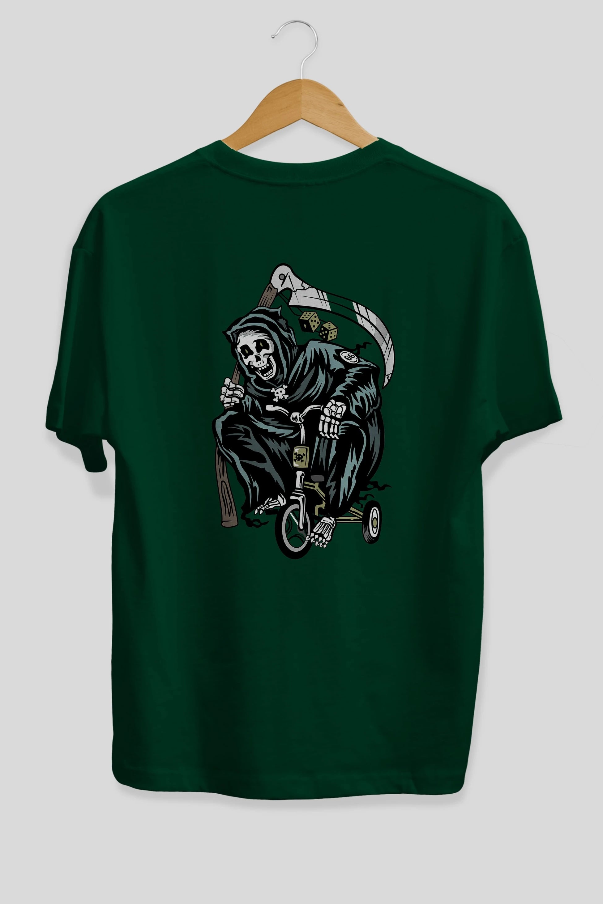 Grim Reaper Bicycle Arka Baskılı Oversize t-shirt Erkek Kadın Unisex %100 Pamuk tişort