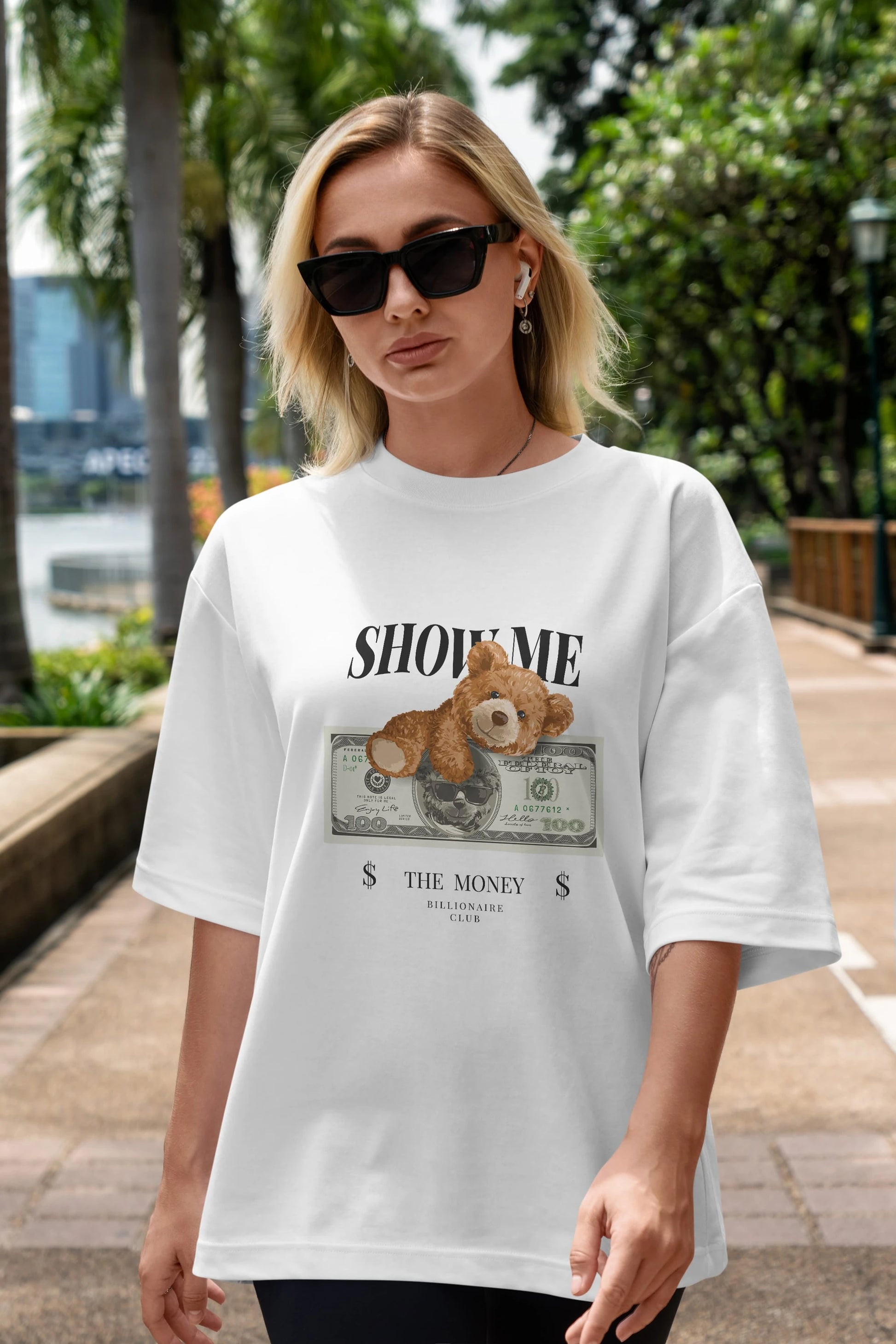 Teddy Bear The Money Ön Baskılı Oversize t-shirt Erkek Kadın Unisex %100 Pamuk