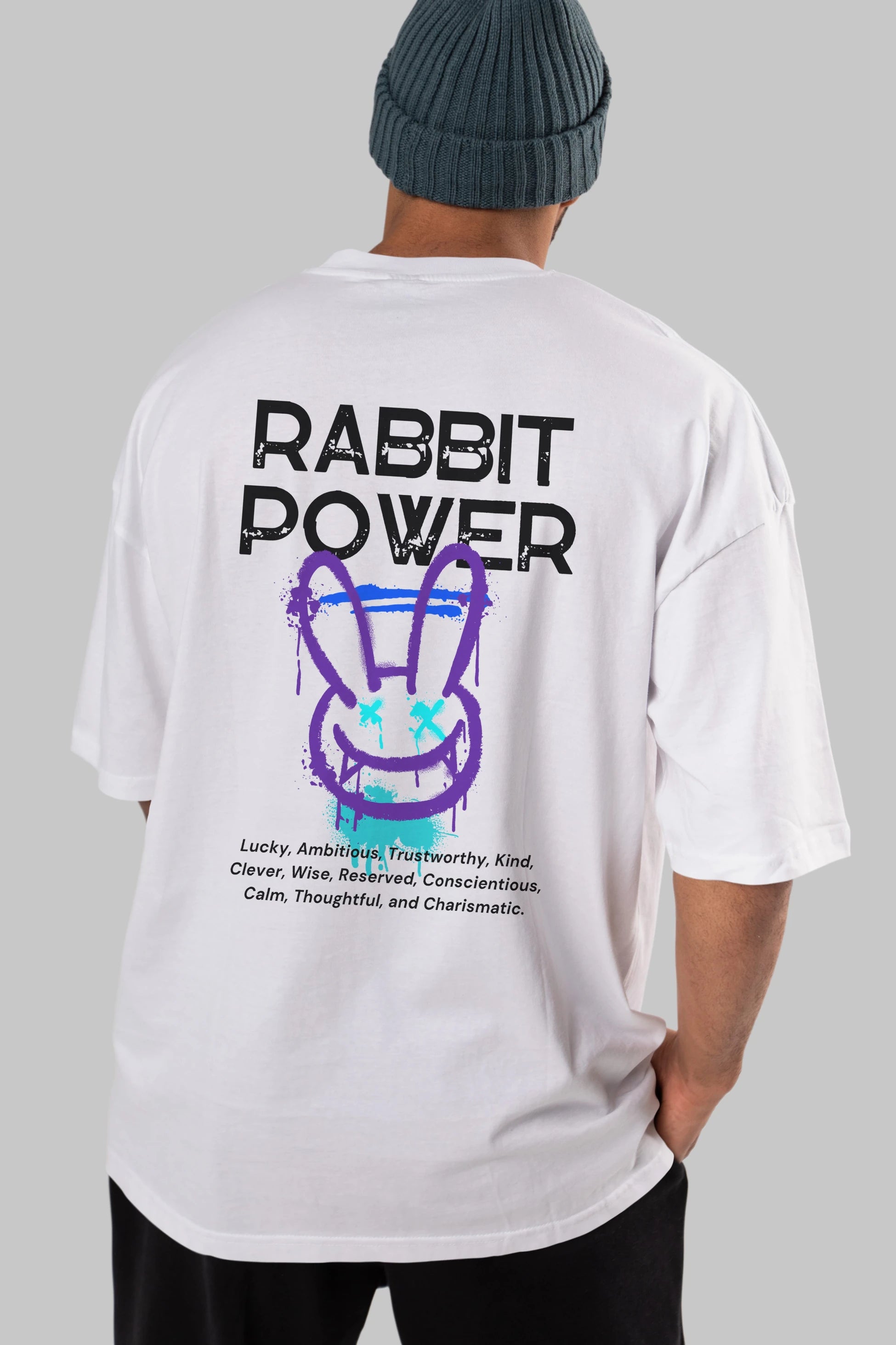Rabbit Power Yazılı Arka Baskılı Oversize t-shirt Erkek Kadın Unisex