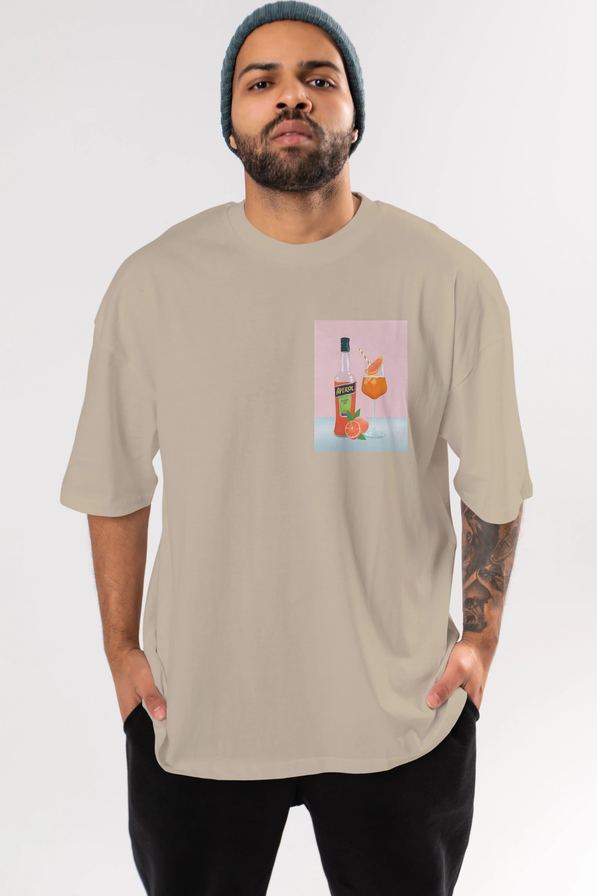 Aperol Spritz 3 Ön Sol Baskılı Oversize t-shirt Erkek Kadın Unisex %100 Pamuk Bisiklet Yaka tişort