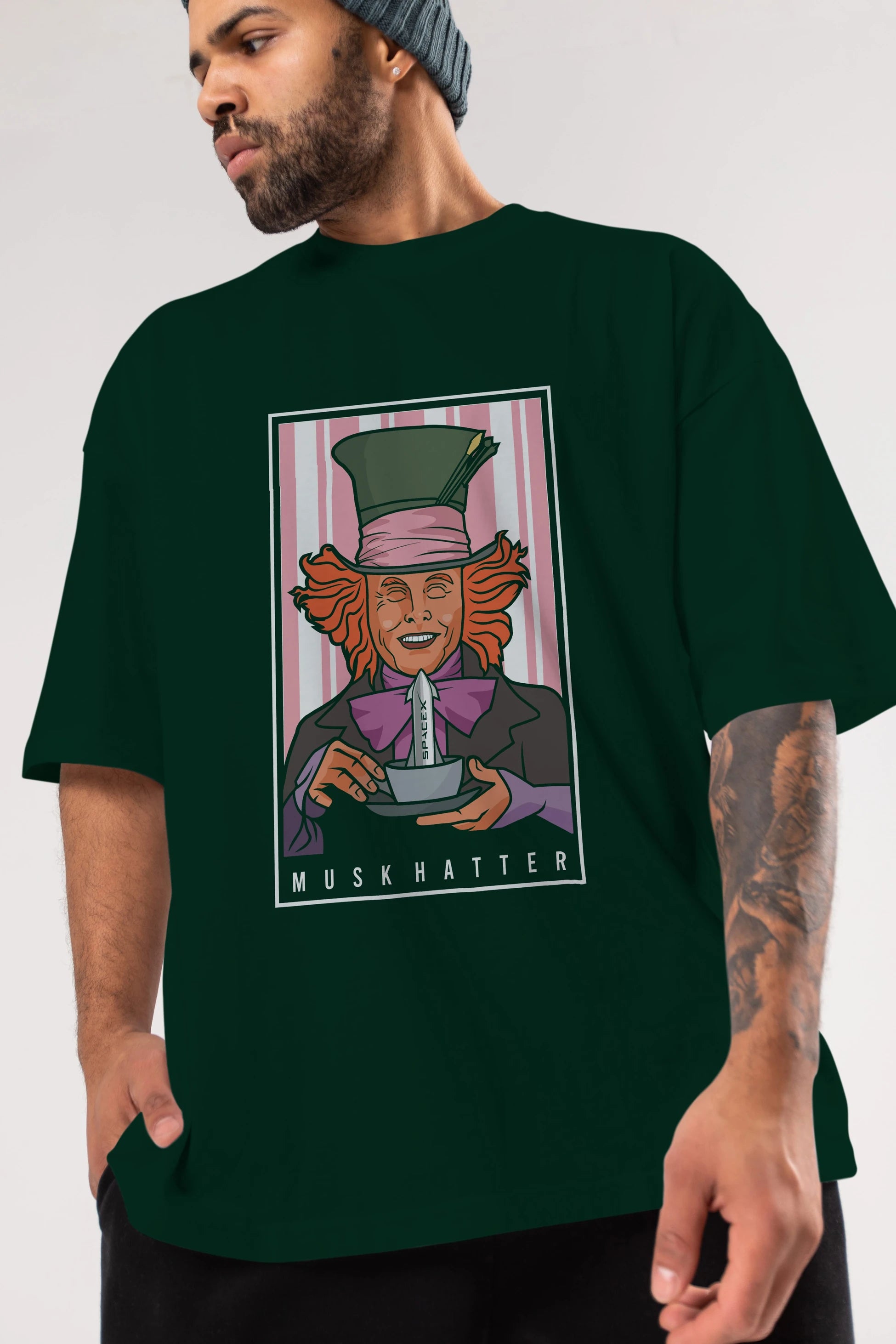 Mad Hatter Elon Musk Ön Baskılı Oversize t-shirt Erkek Kadın Unisex %100 Pamuk tişort
