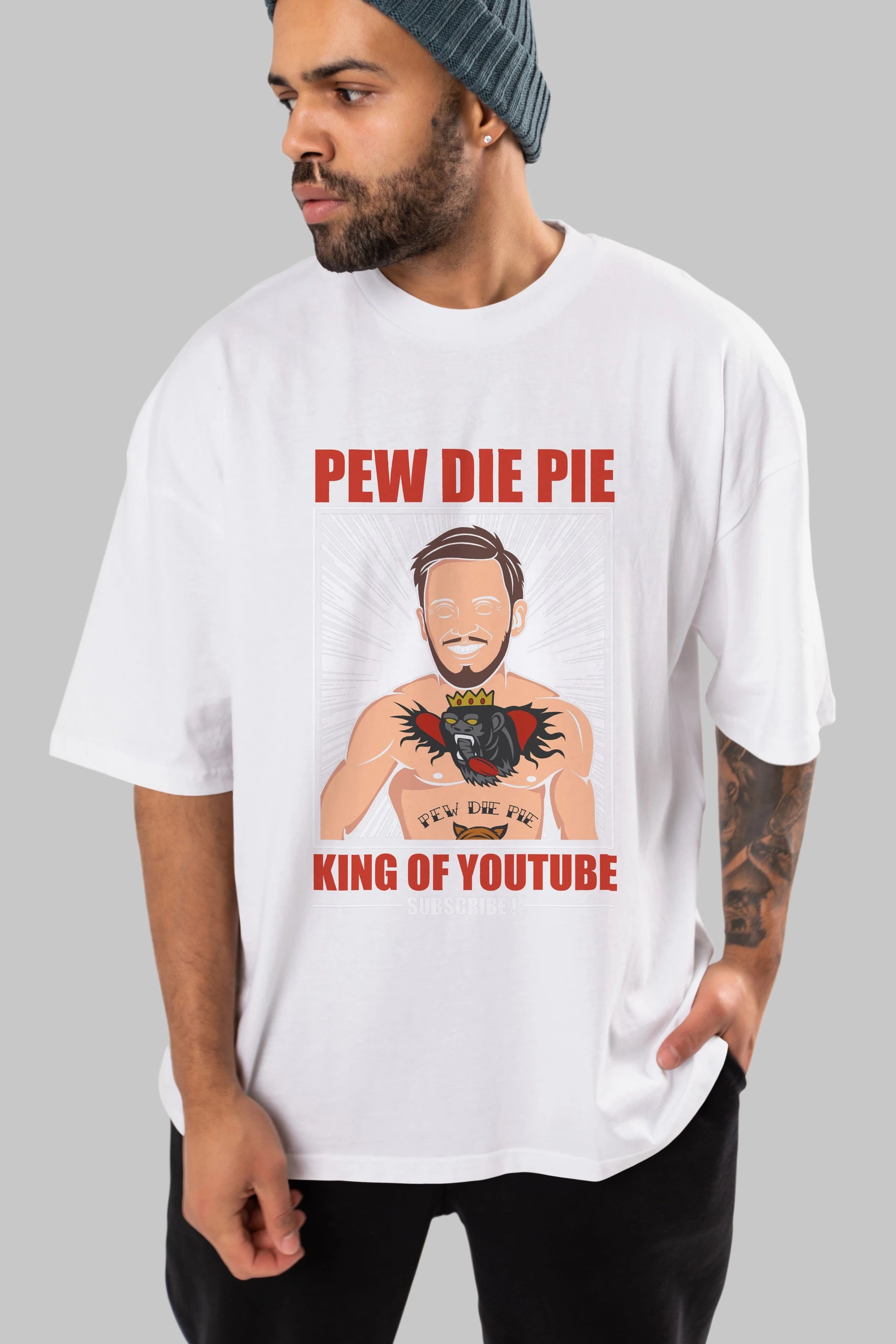Pew Die Pie Fighter Ön Baskılı Oversize t-shirt Erkek Kadın Unisex %100 Pamuk tişort