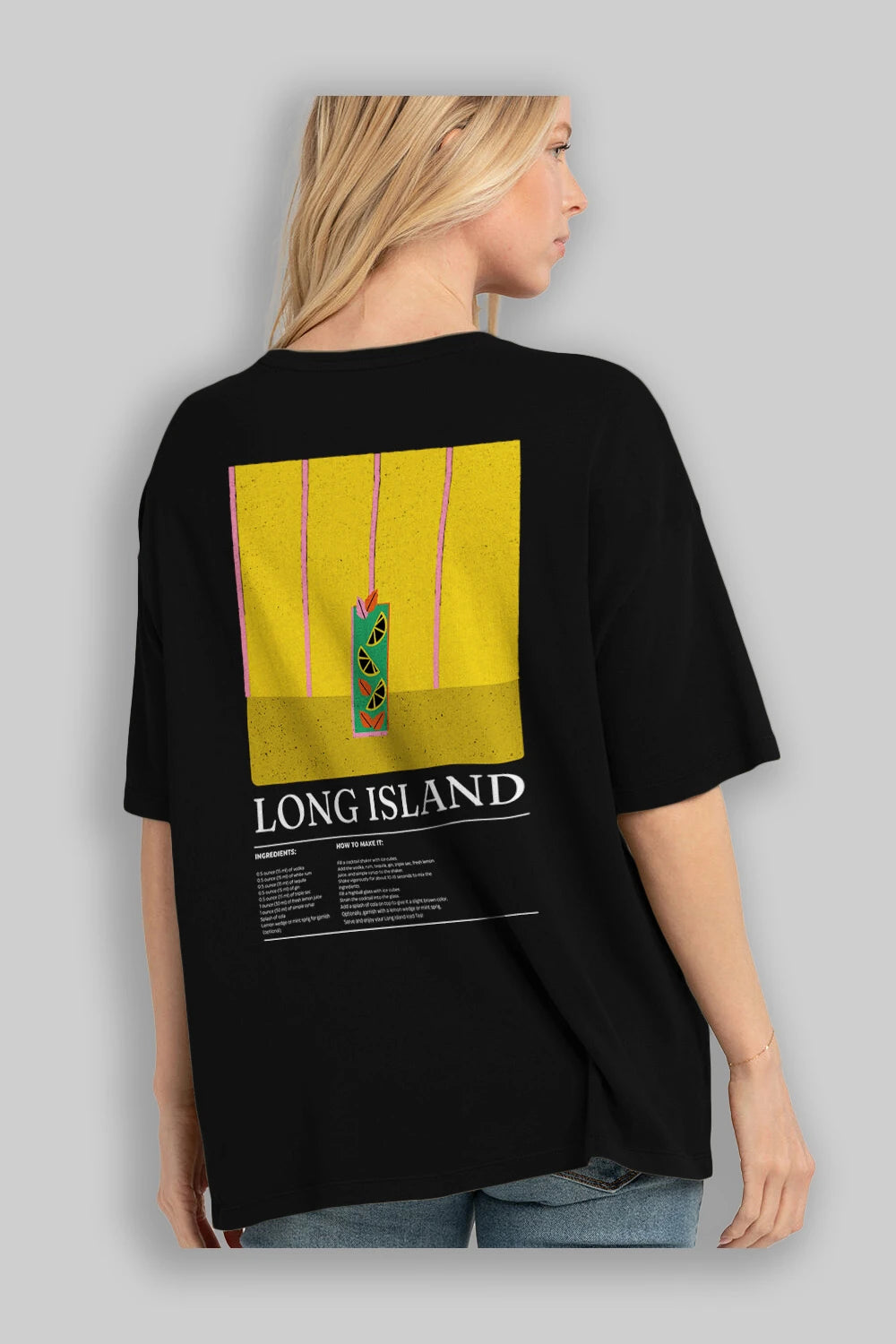 Long Island Kokteyl Serisi Arka Baskılı Oversize t-shirt Erkek Kadın %100 Pamuk Bisiklet Yaka tişort
