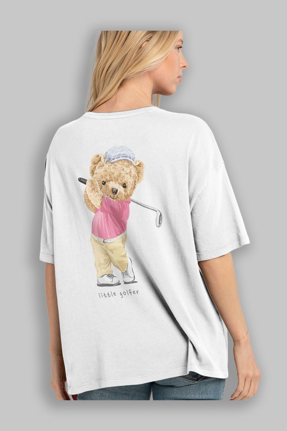 Teddy Bear Little Golfer Arka Baskılı Oversize t-shirt Erkek Kadın Unisex %100 Pamuk