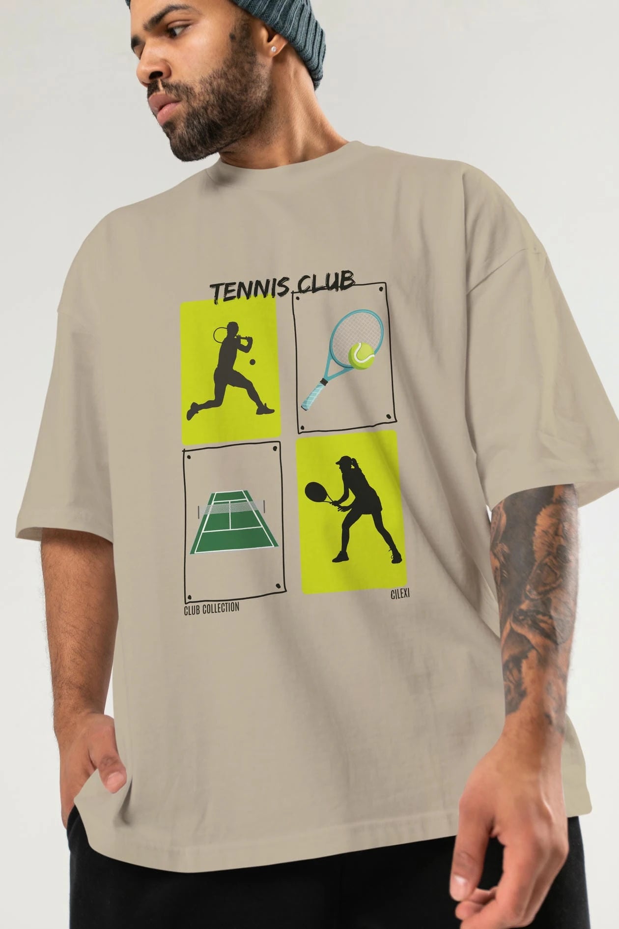 Tennis Club ön Baskılı Oversize t-shirt Erkek Kadın %100 Pamuk Bisiklet Yaka tişort