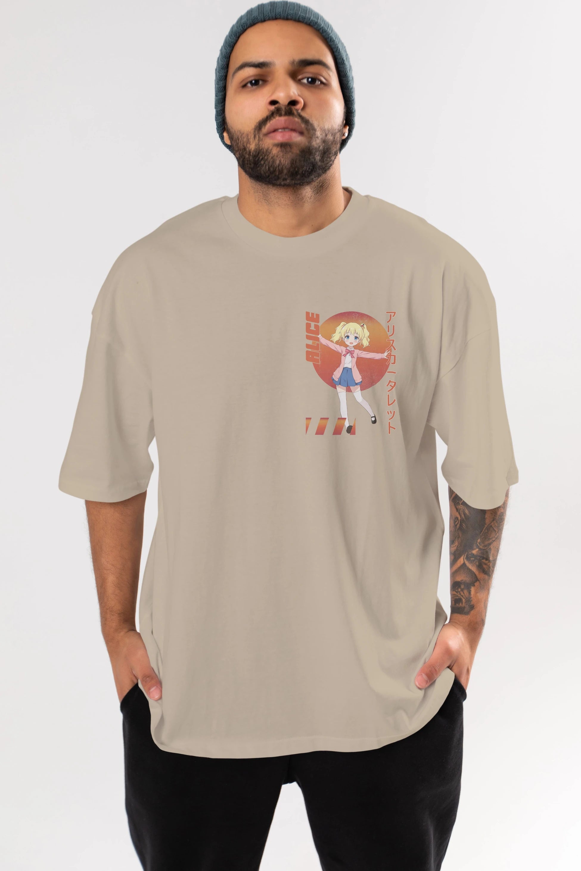 Alice Cartelet 15 Ön Sol Baskılı Oversize t-shirt Erkek Kadın Unisex %100 Pamuk Bisiklet Yaka tişort