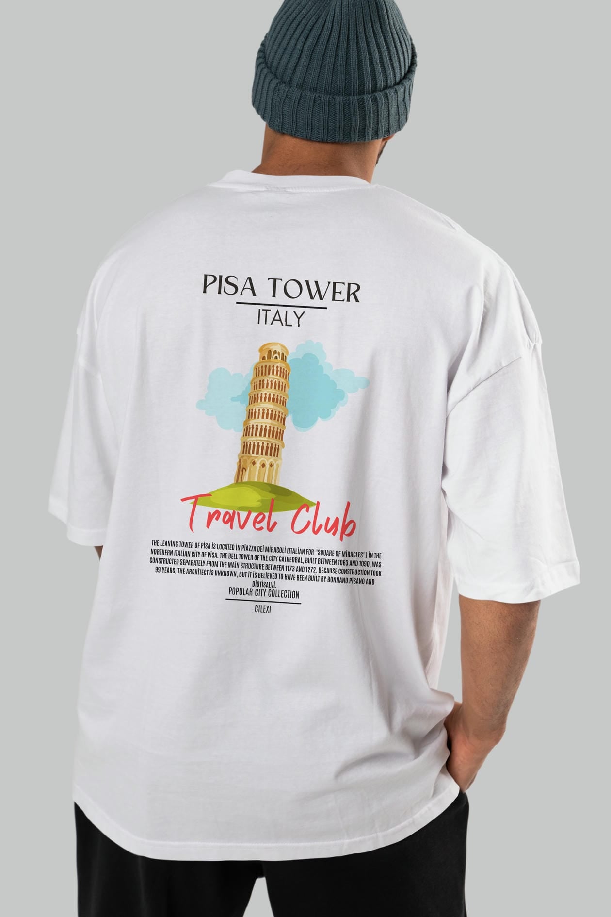 Pisa Tower İtaly Arka Baskılı Oversize t-shirt Erkek Kadın Pamuk Bisiklet Yaka tişort