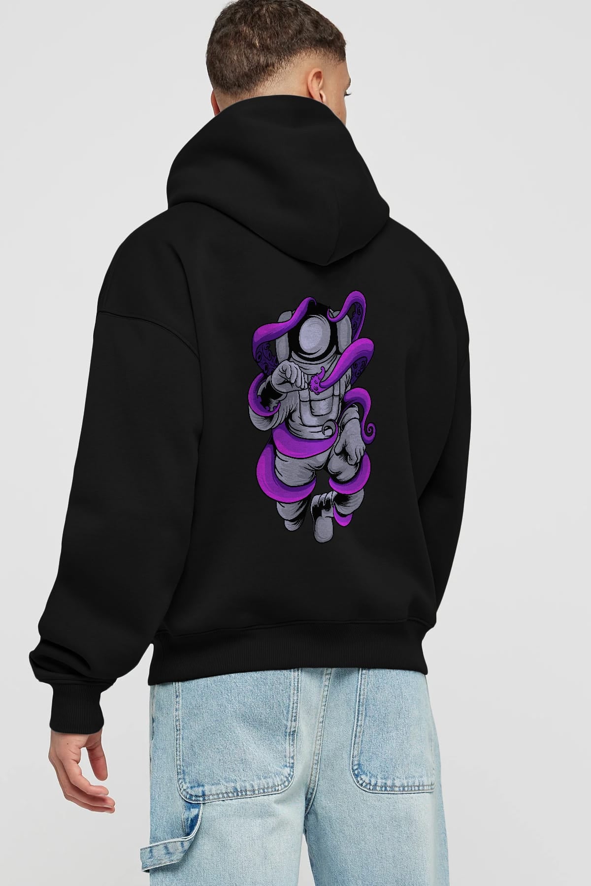 Astronaut fighting octopus Arka Baskılı Hoodie Oversize Kapüşonlu Sweatshirt Erkek Kadın Unisex