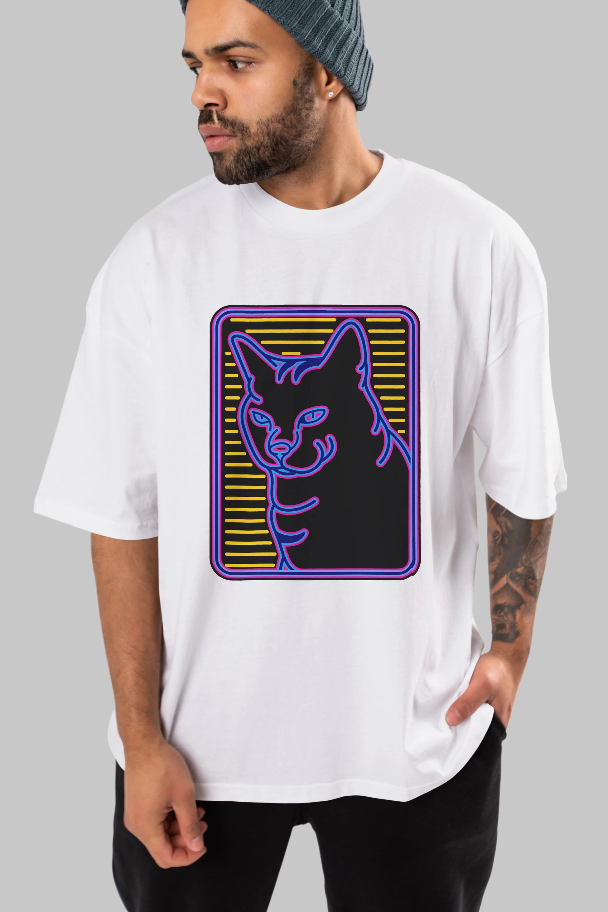 Neon Cat Ön Baskılı Oversize t-shirt Erkek Kadın Unisex