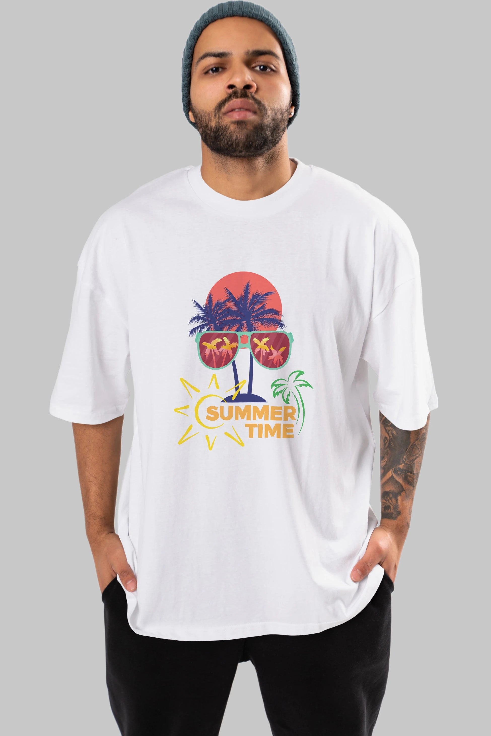 Summer Time Yazılı Ön Baskılı Oversize t-shirt Erkek Kadın Unisex