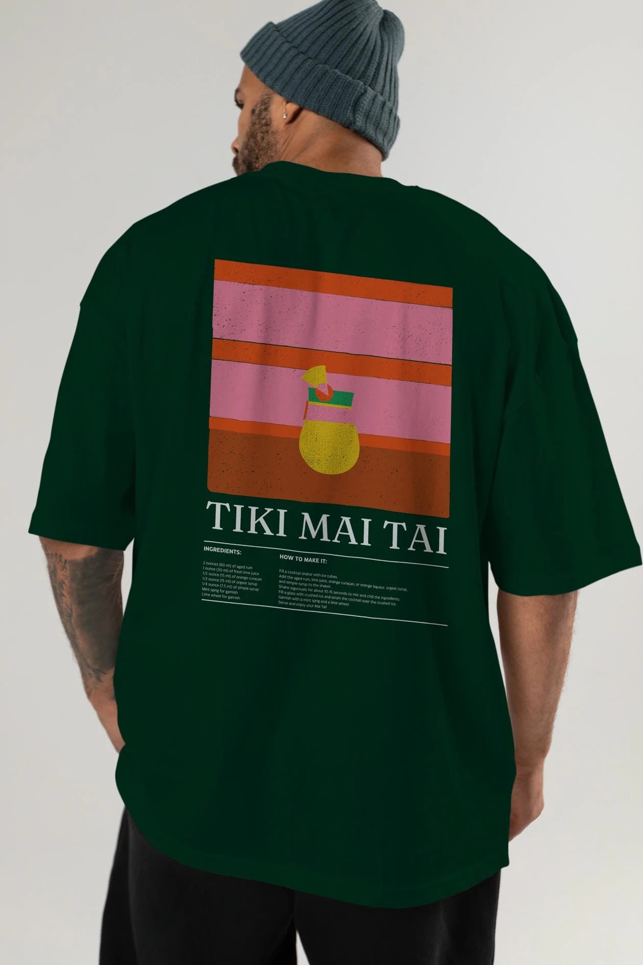 Tiki Mai Tai Kokteyl Serisi Arka Baskılı Oversize t-shirt Erkek Kadın %100 Pamuk Bisiklet Yaka tişort