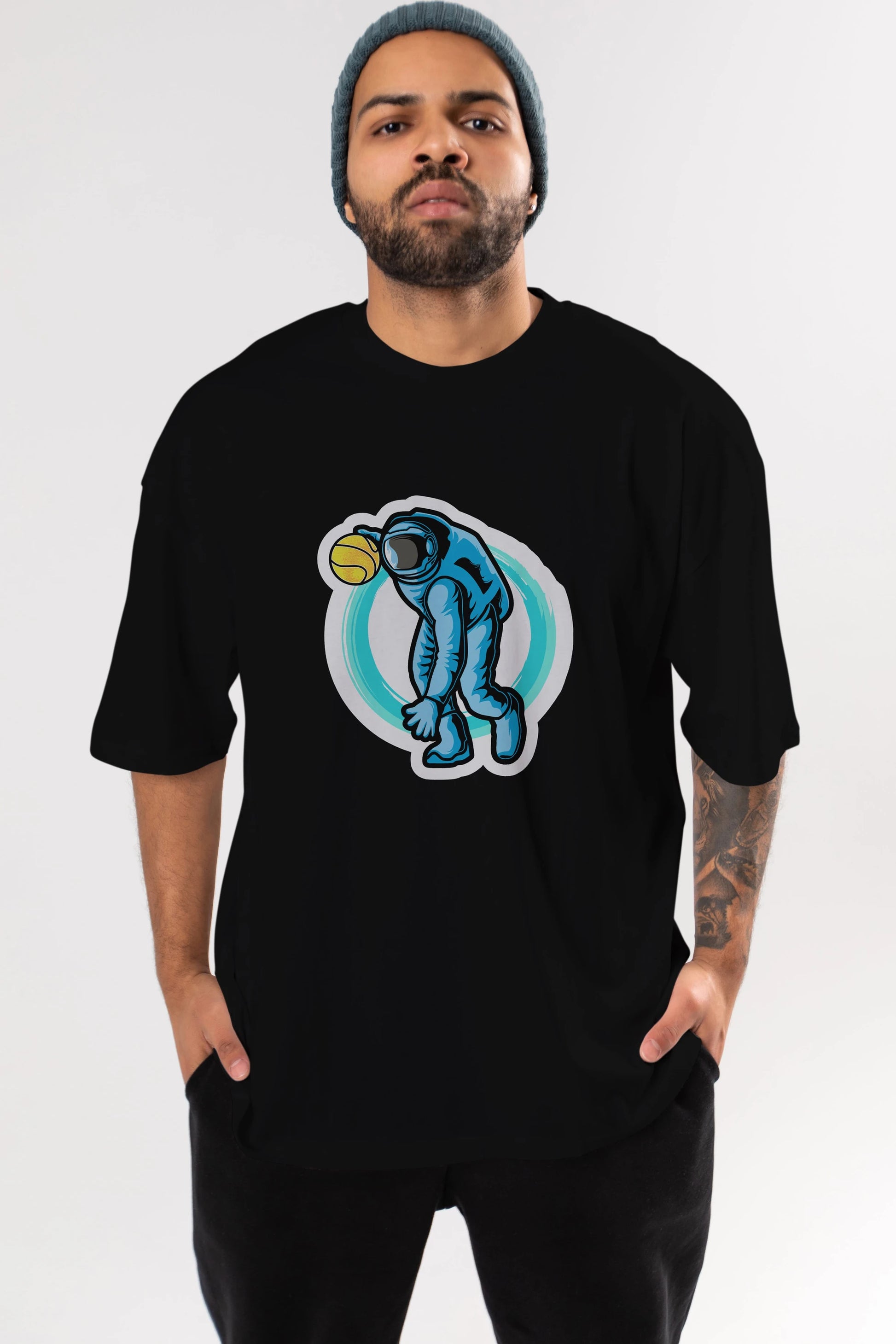 Astronaut Dribble Sticker Ön Baskılı Oversize t-shirt Erkek Kadın Unisex