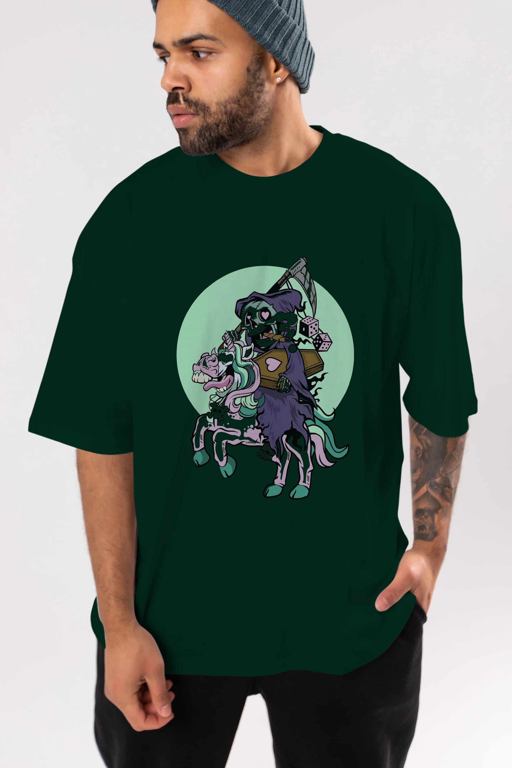 Grim Reaper Riding Unicorn Ön Baskılı Oversize t-shirt Erkek Kadın Unisex %100 Pamuk tişort