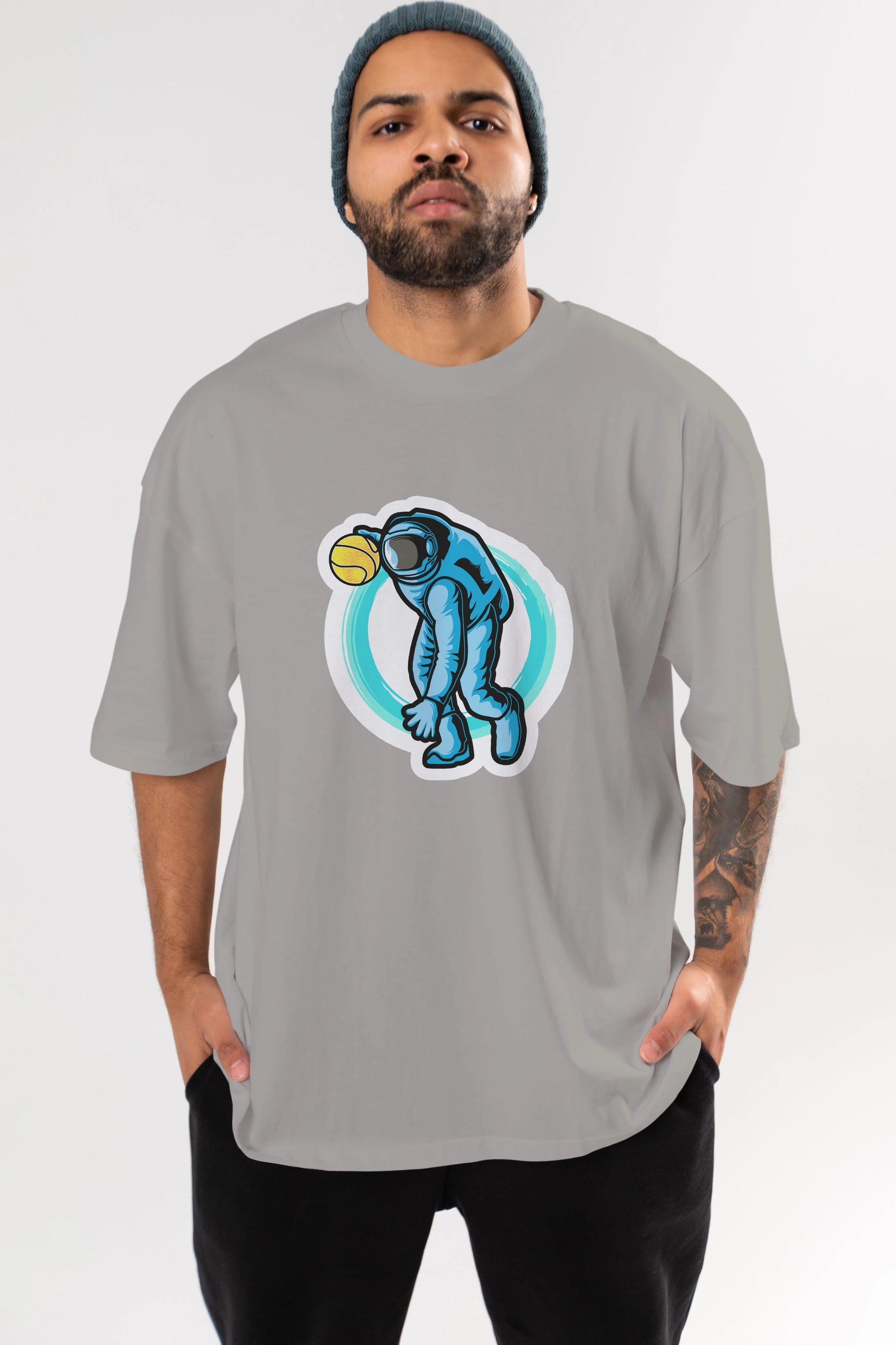 Astronaut Dribble Sticker Ön Baskılı Oversize t-shirt Erkek Kadın Unisex