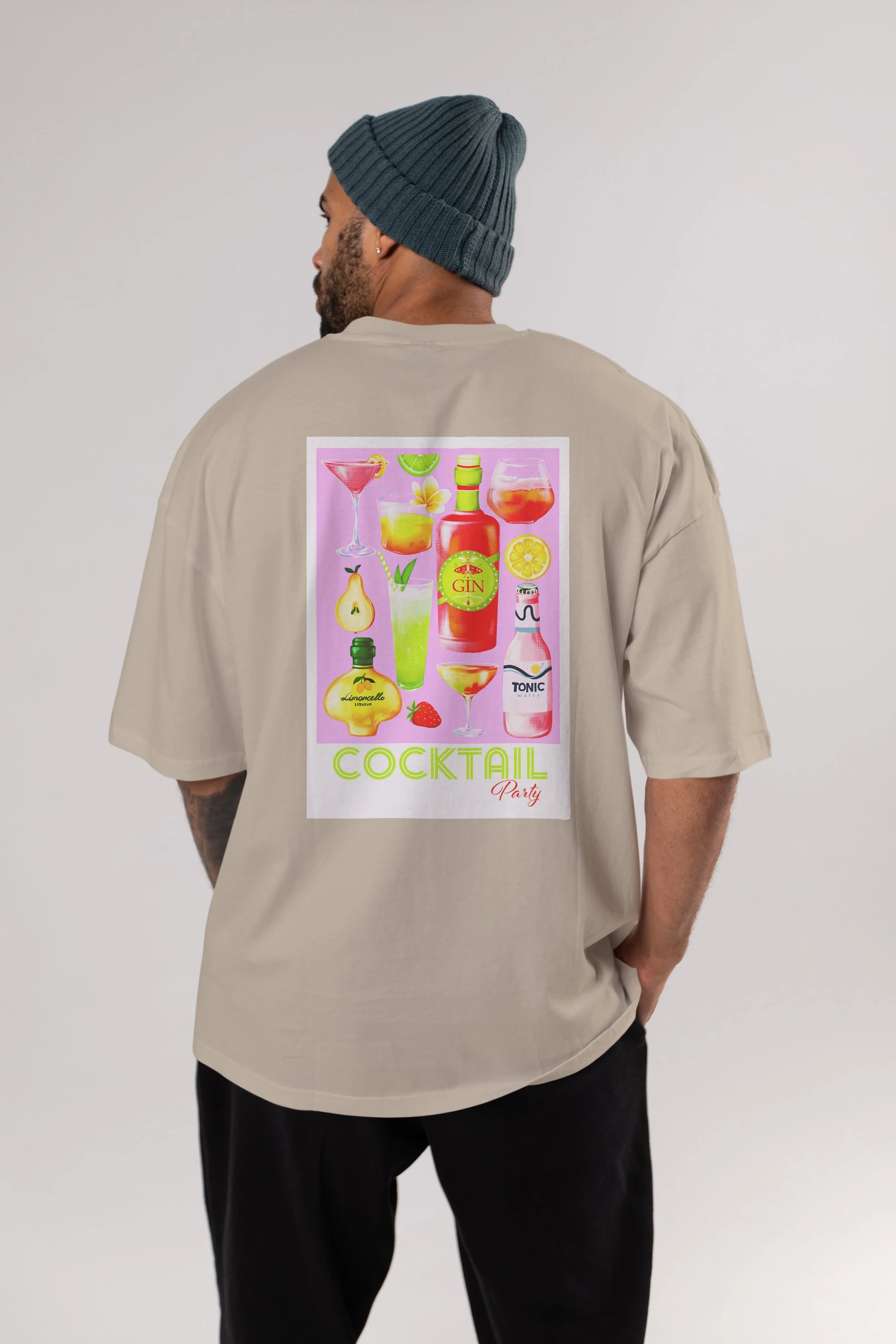Cocktail Party Arka Baskılı Oversize t-shirt Erkek Kadın Unisex %100 Pamuk Bisiklet Yaka tişort