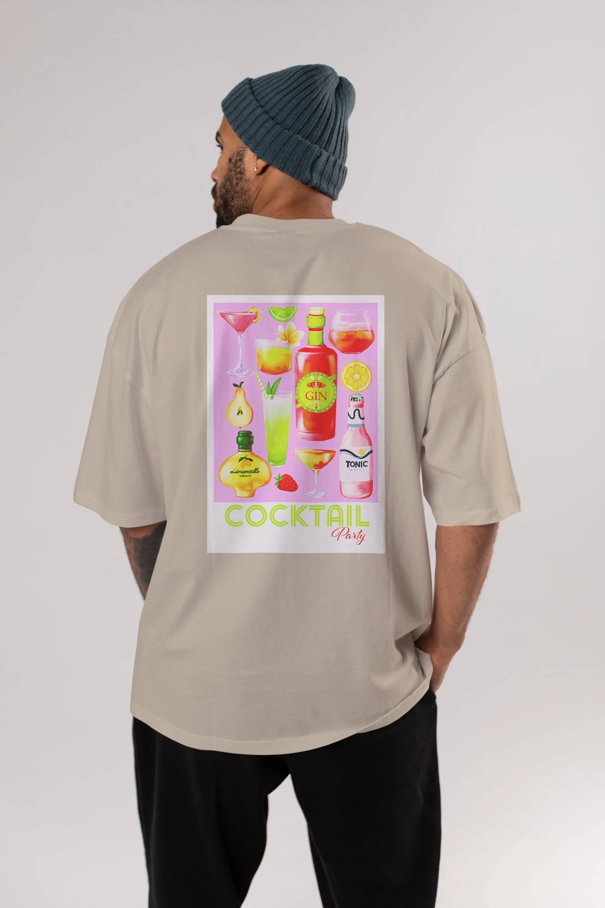 Cocktail Party Arka Baskılı Oversize t-shirt Erkek Kadın Unisex %100 Pamuk Bisiklet Yaka tişort